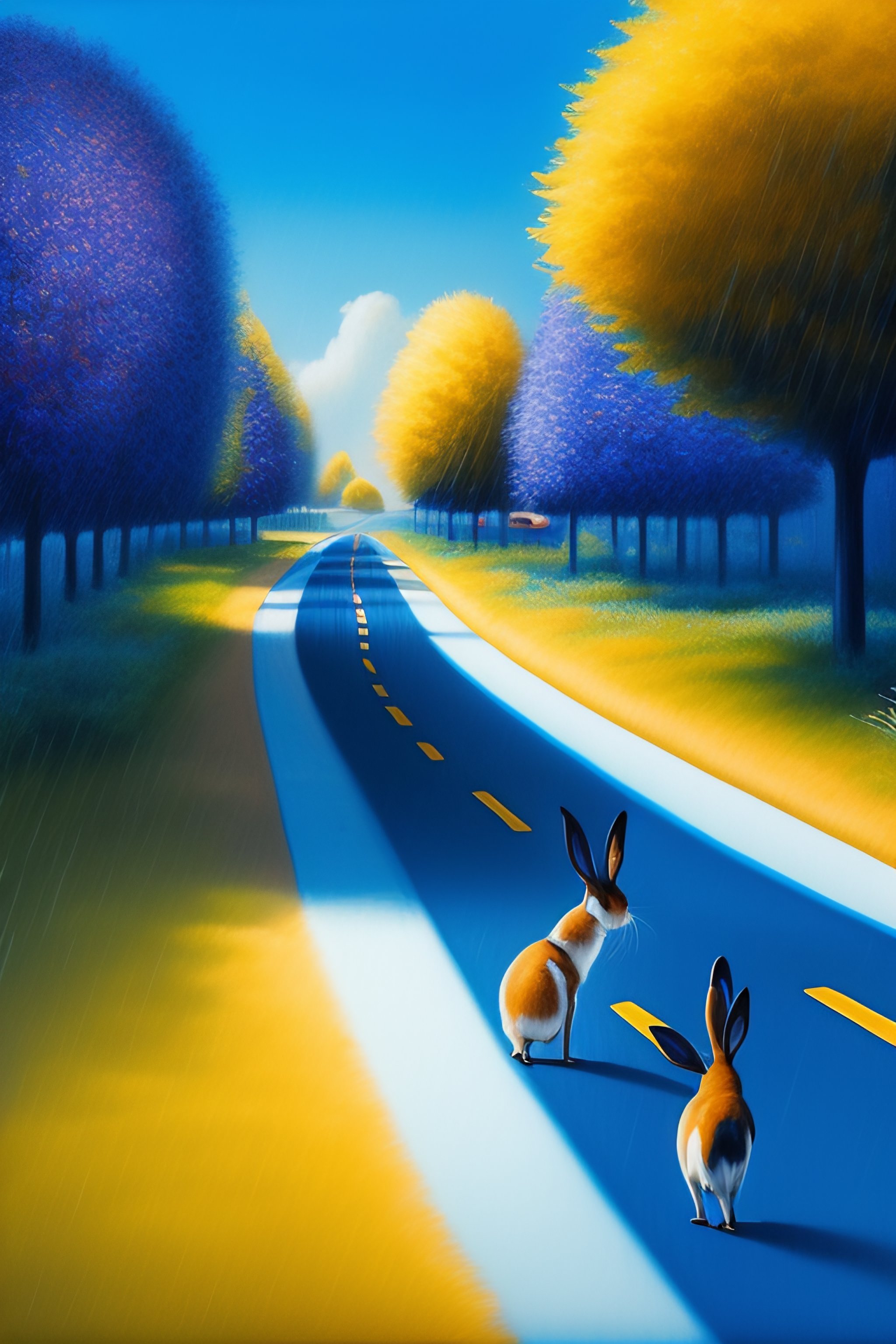 Lexica - Blue-yellow rabbits run along the sidewalk and during the rain ...