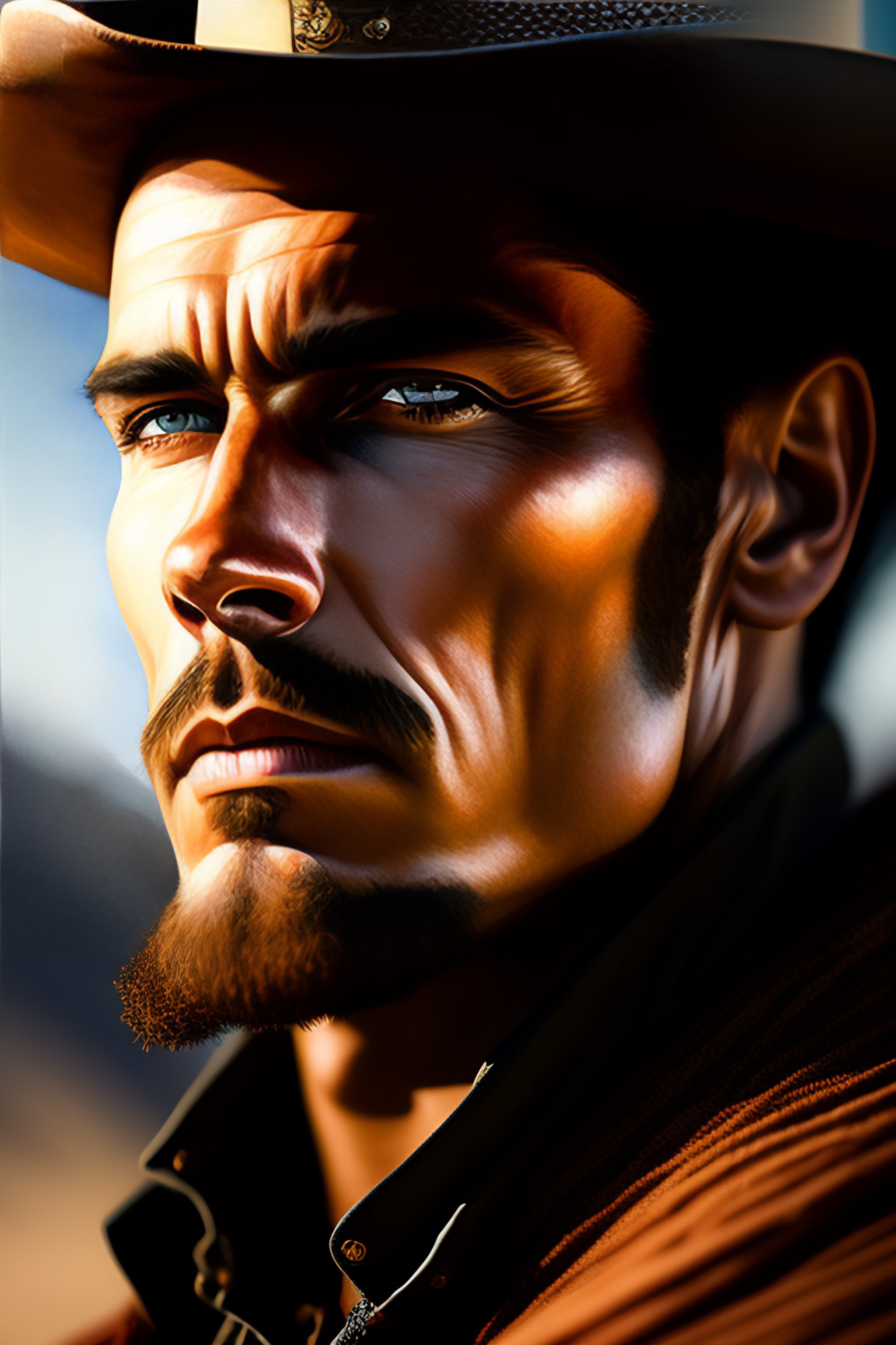 Lexica - Closeup portrait shot of a western cowboy in a scenic western ...