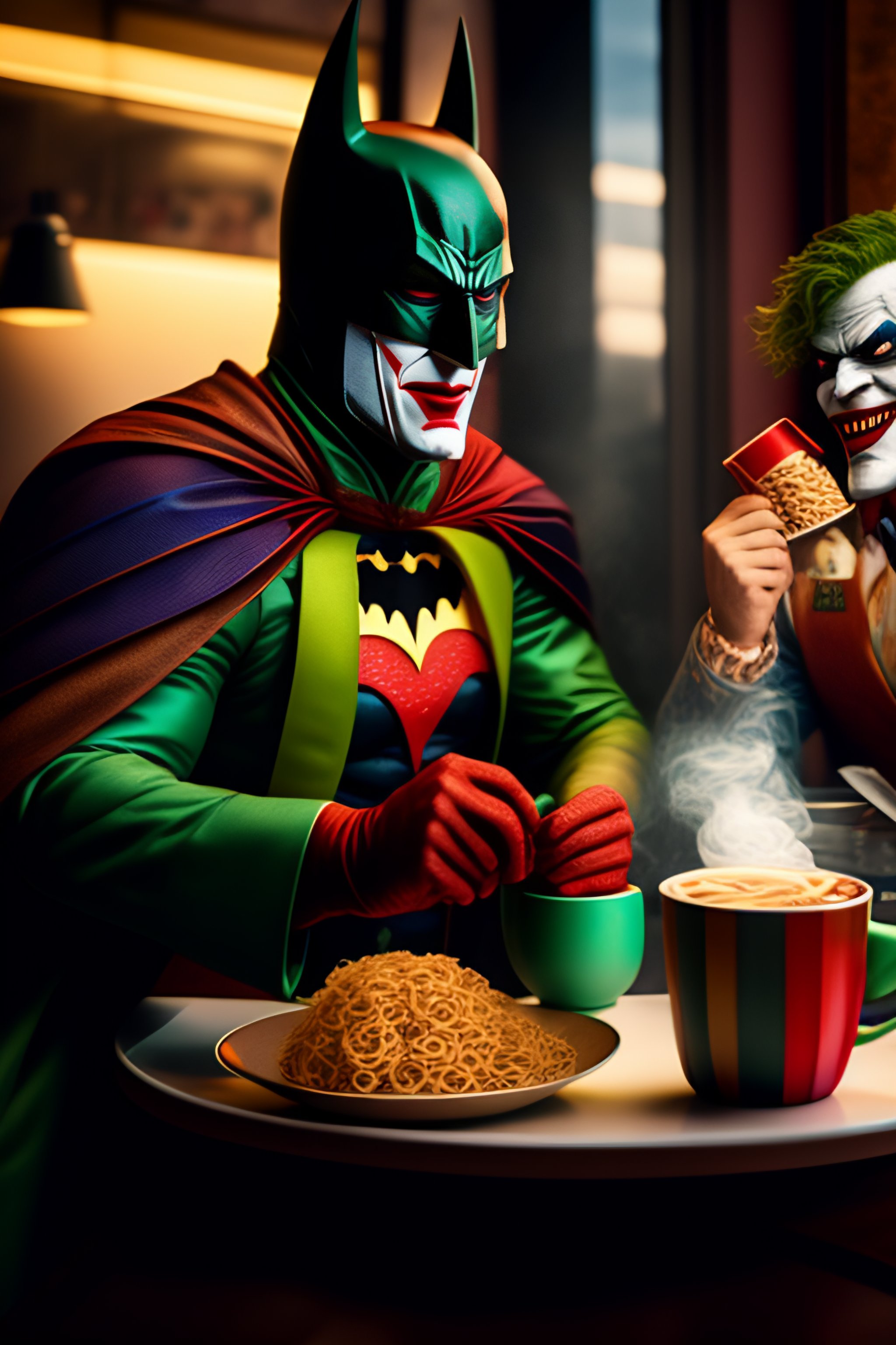 Lexica - Batman and Harlequin eat instant noodles in a coffee shop while  the Joker stands outside smoking