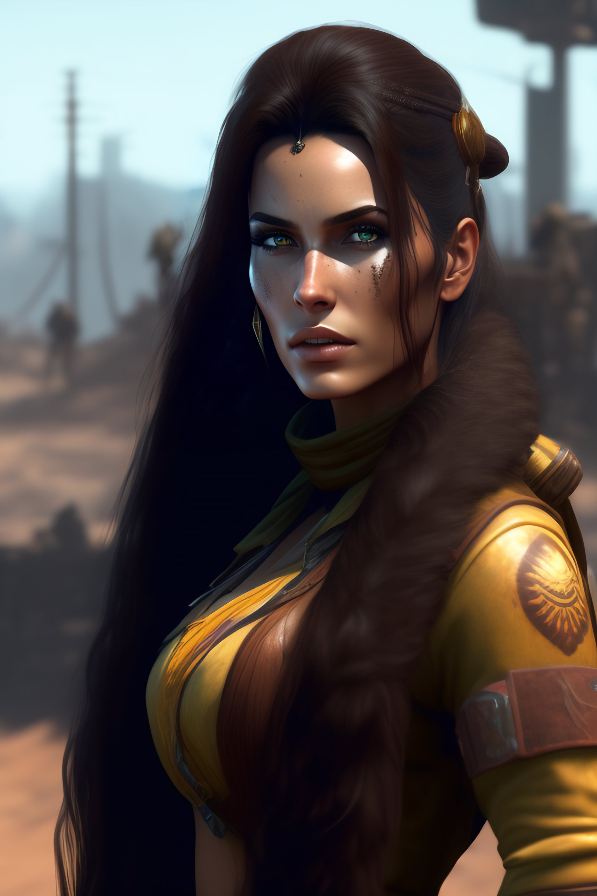 Lexica - Avahlok woman long brown hair dressed as in a post apocalyptic ...