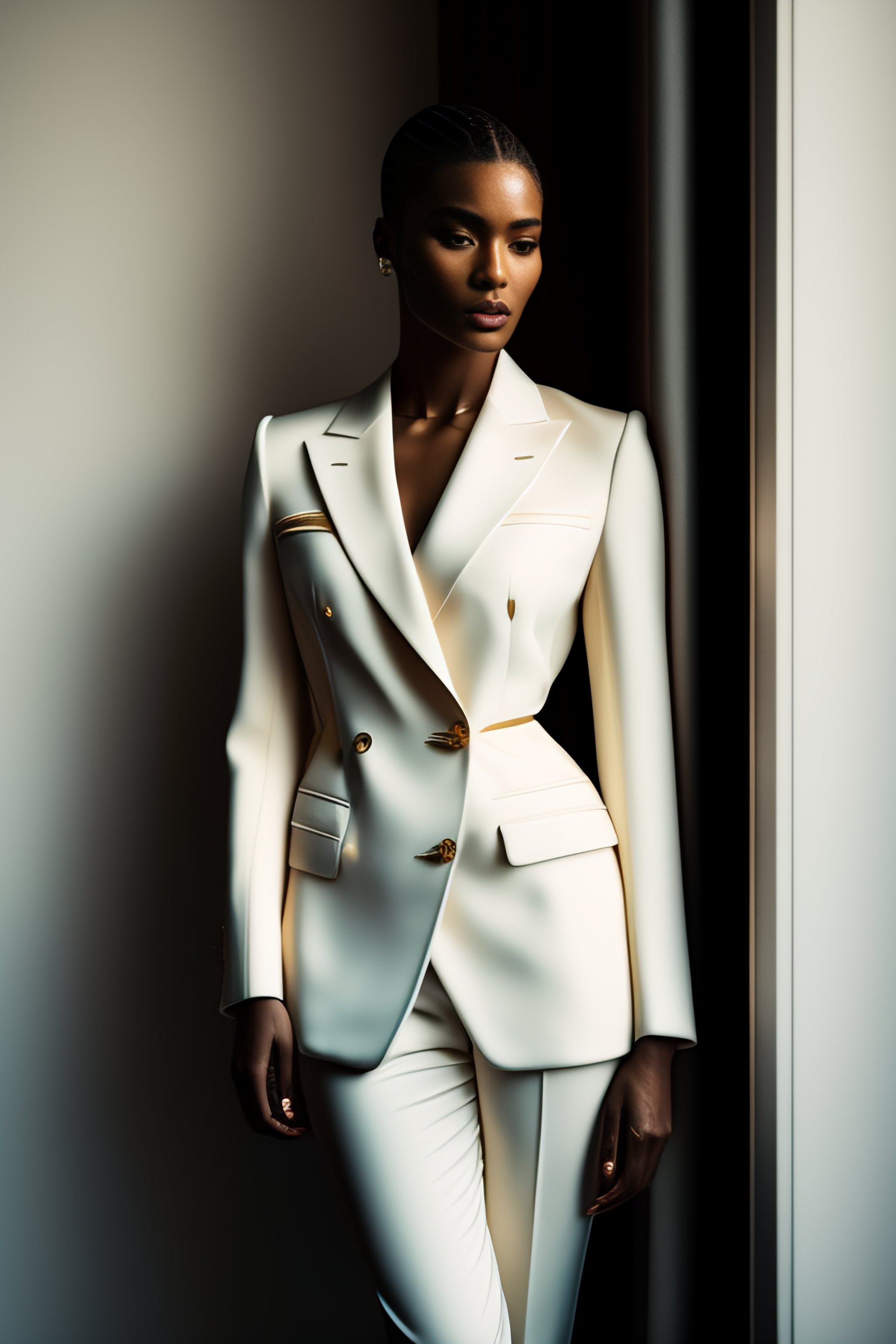 Lexica - An editorial fashion photograph in which a white female model  wears Celine suit standing next to a window