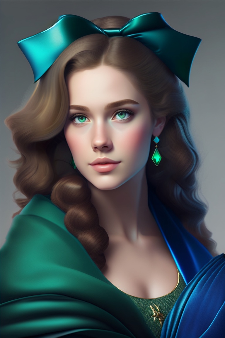 Lexica - Young women with wavy hair, green yeys, in a blue cloak and a ...