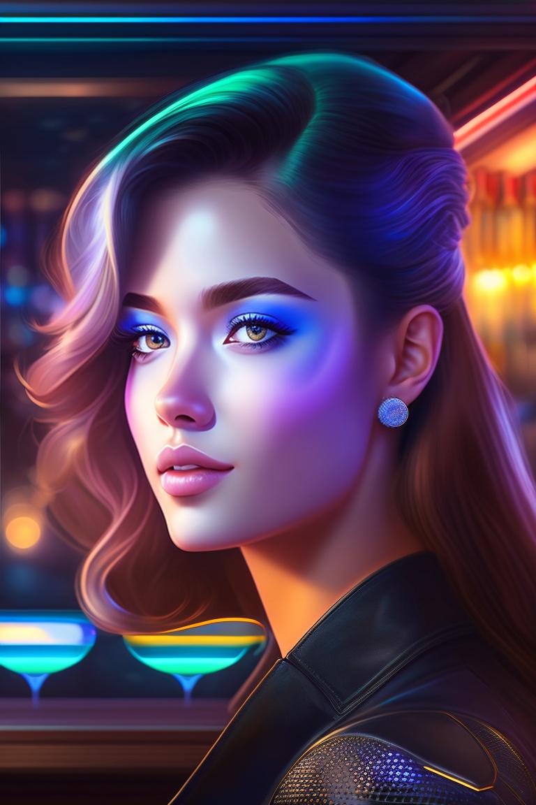 Lexica - Portrait realistic in a bar and leds in the background, in the ...