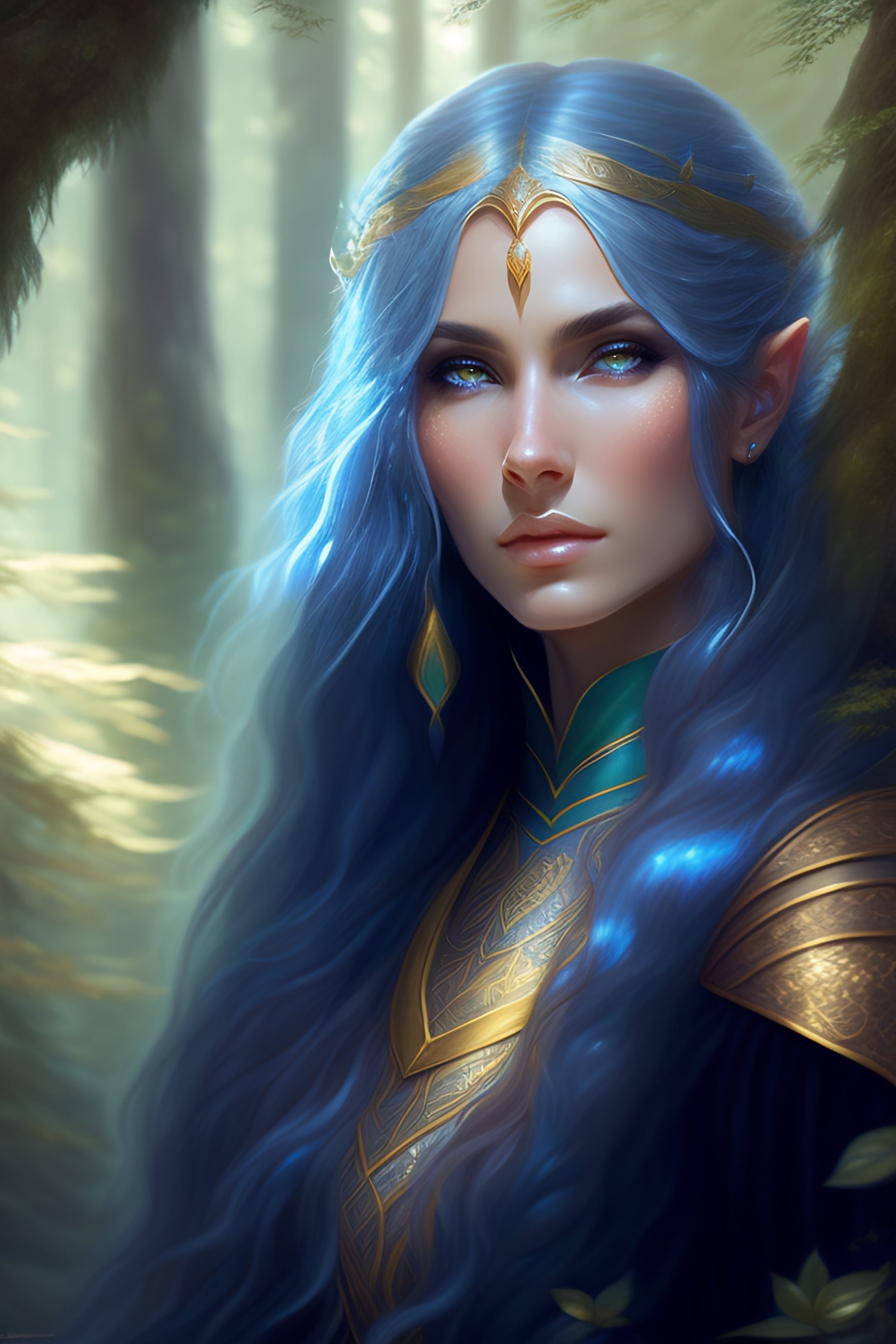 Lexica - A cute wizard elven, blue long hair, golden eyes, in a forest ...