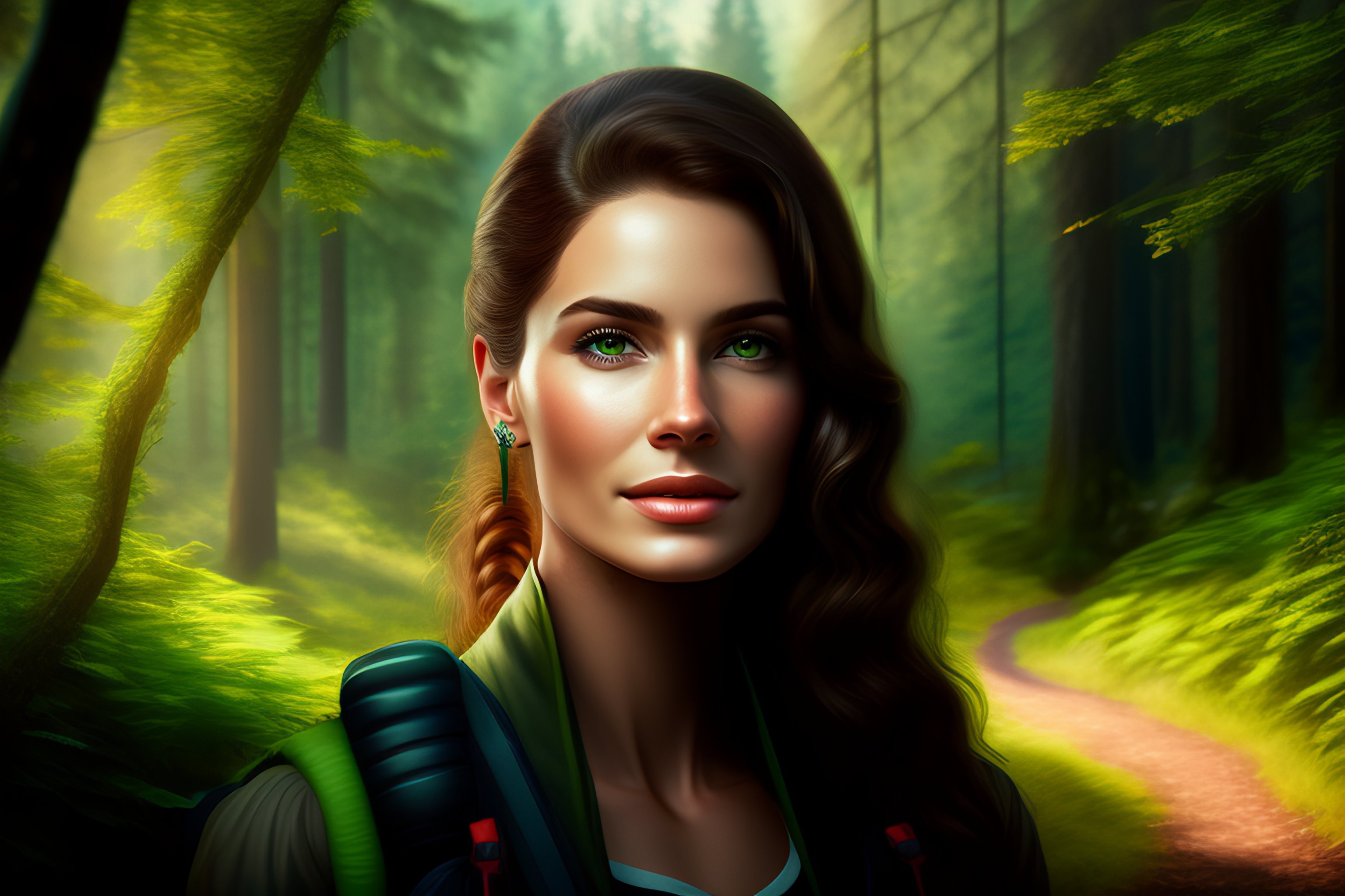 Lexica - Close-up of A young pretty woman hiking across a clearing in ...