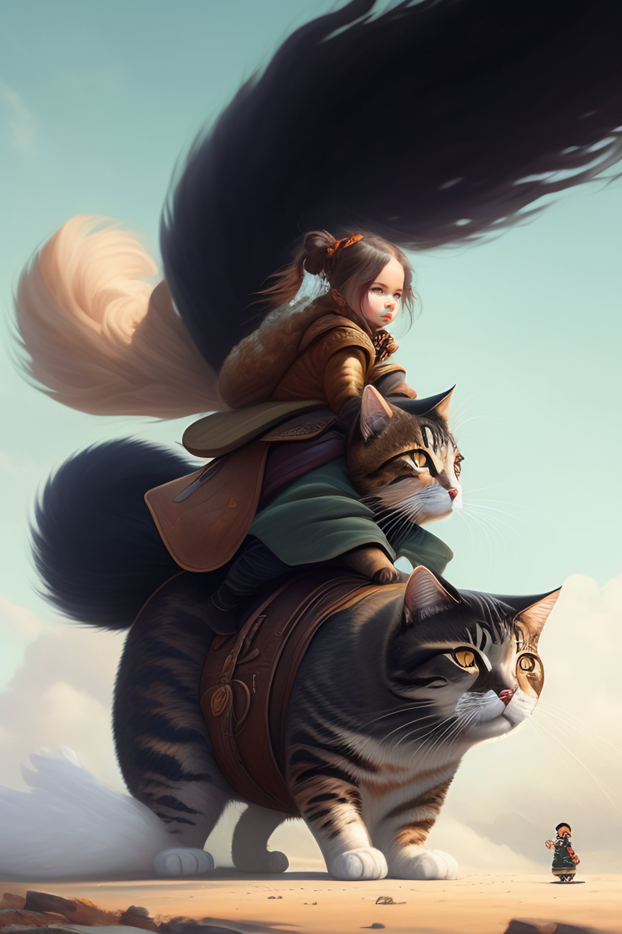 Lexica - Story book art by greg rutkowski. tiny girl riding on the back of  a giant cat