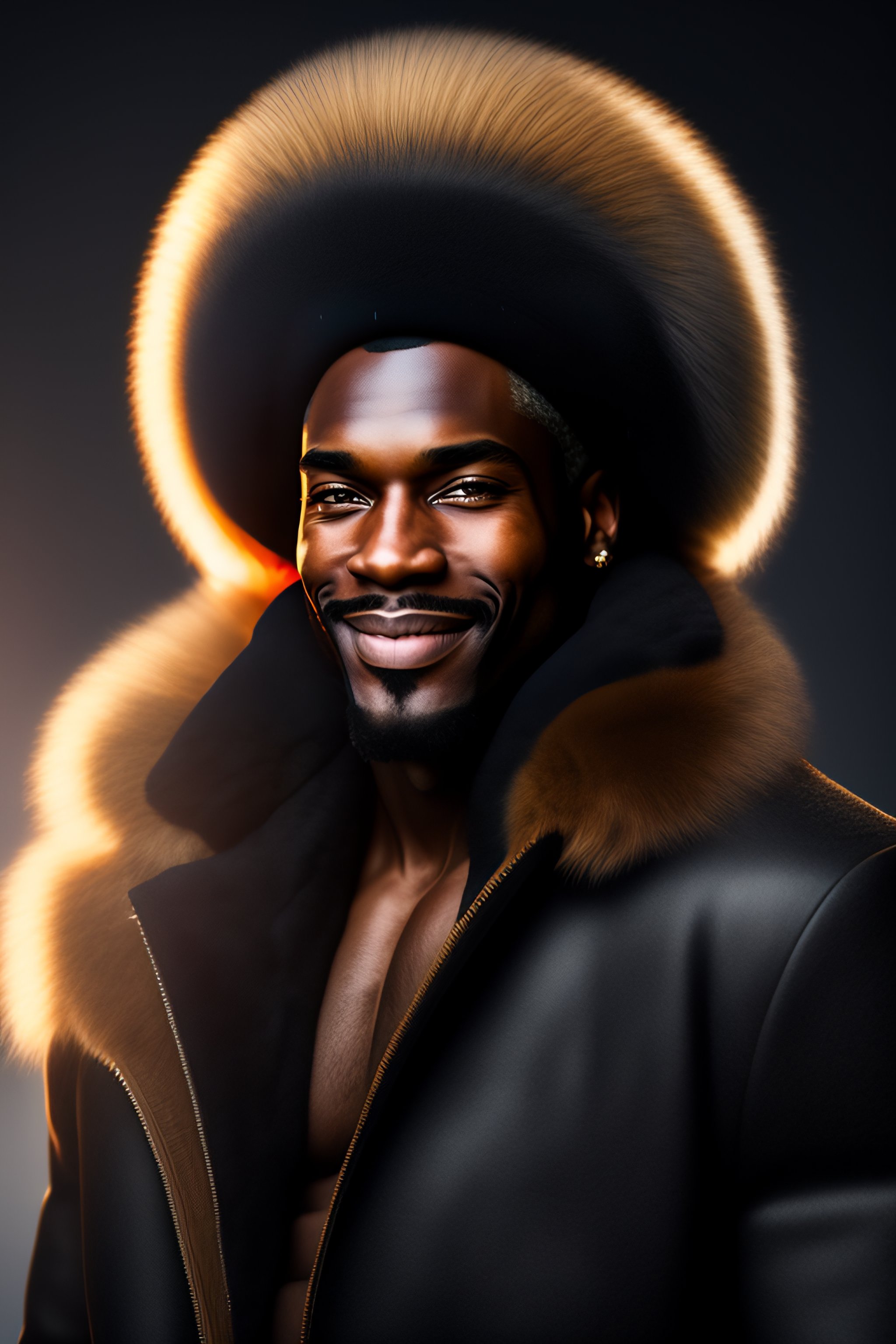 Lexica - Black man with chiseled face wearing a fur jacket, evil smile