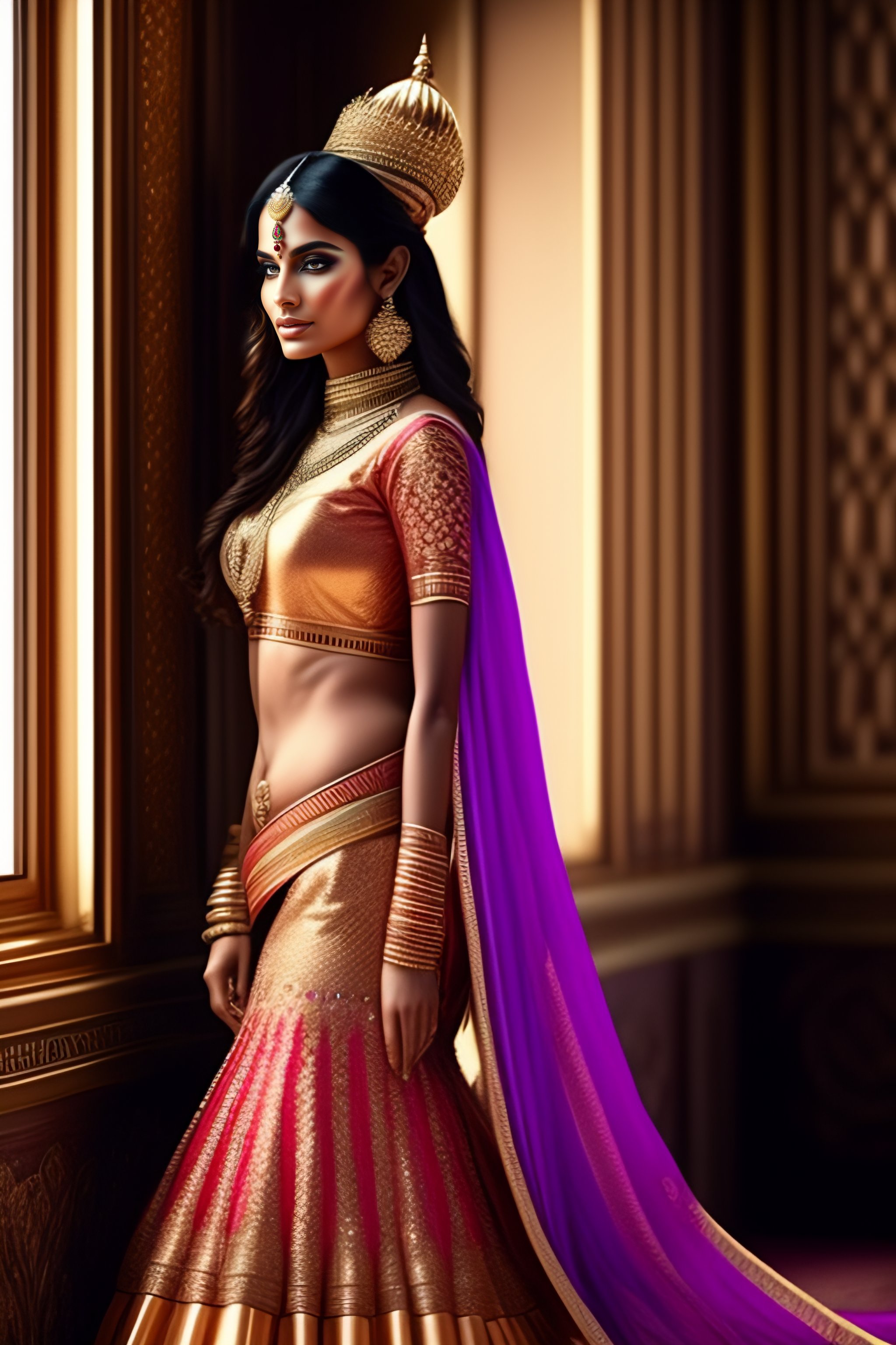 Lexica - Beautiful indian princess standing in the palace bedroom with thin  veiled clothing. Stomach must be showing. hyper-realistic and dreamy art