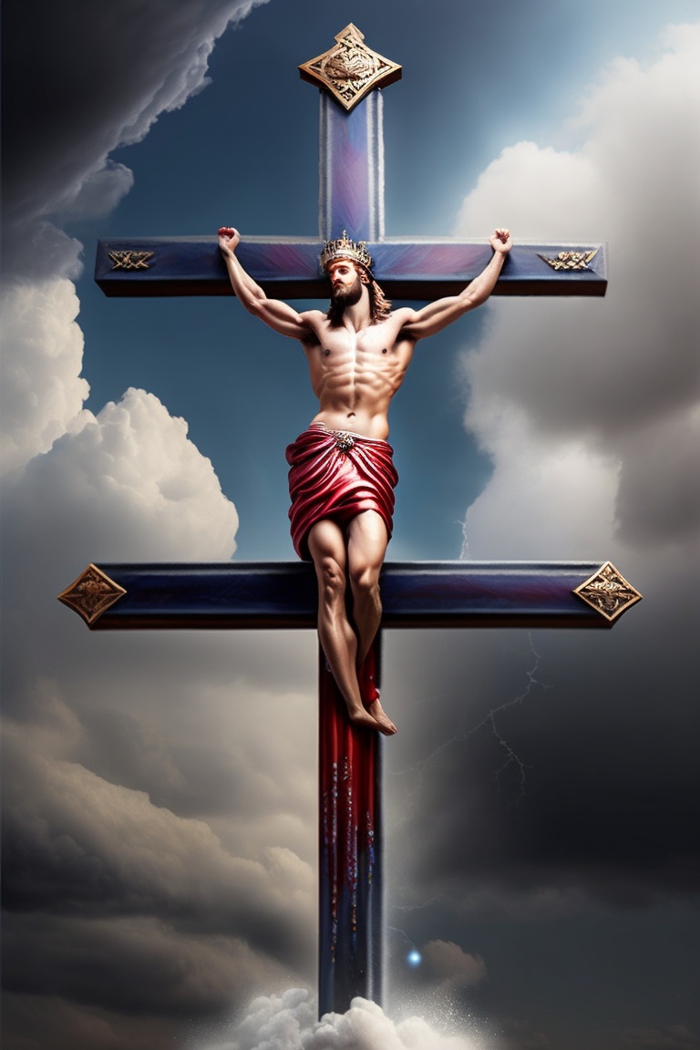 lexica-jesus-on-a-cross-with-clouds-and-thunder-around-him-wearing-a