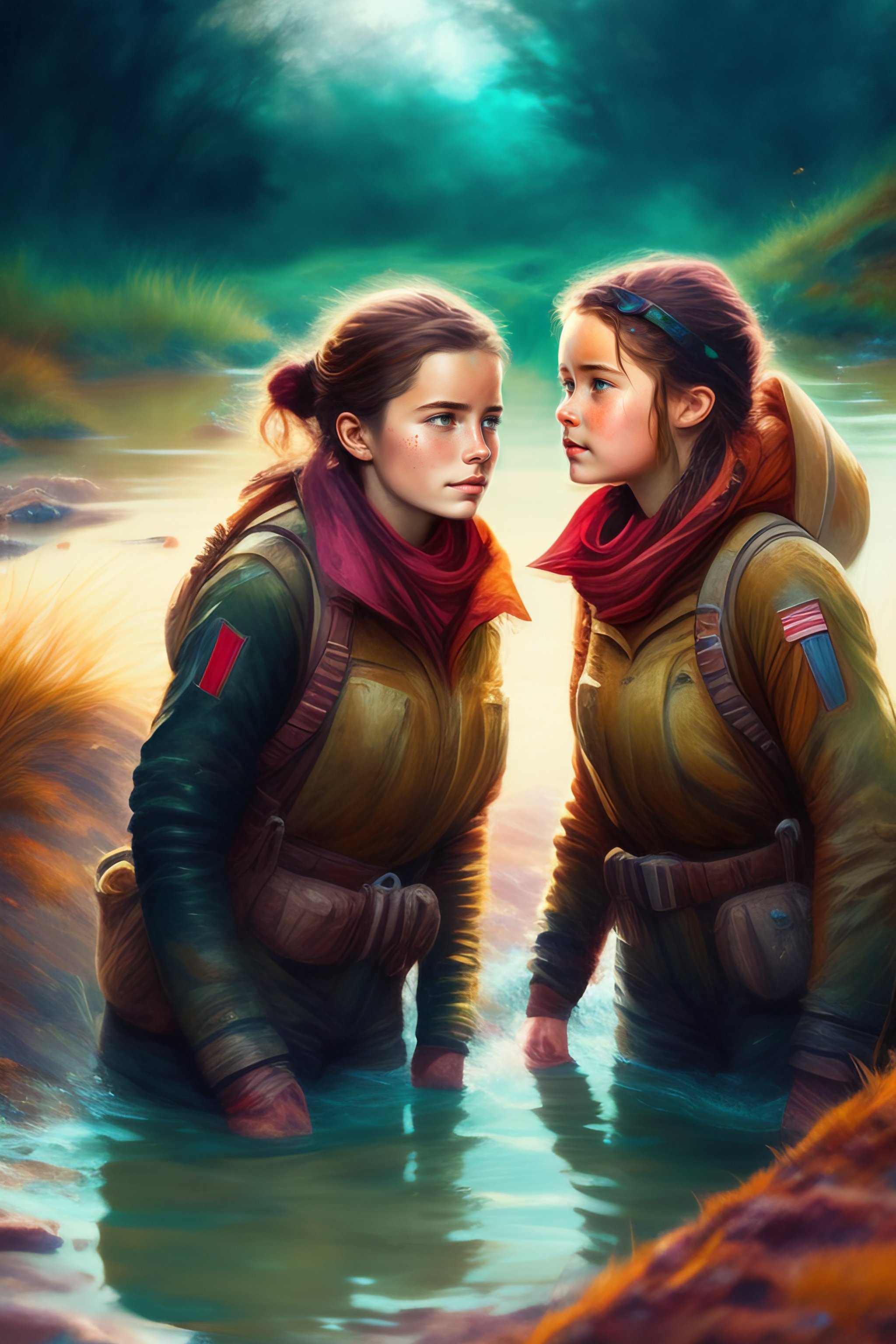 Lexica - Coloured sketch art style, 2girls, exhausted , explorer women ...