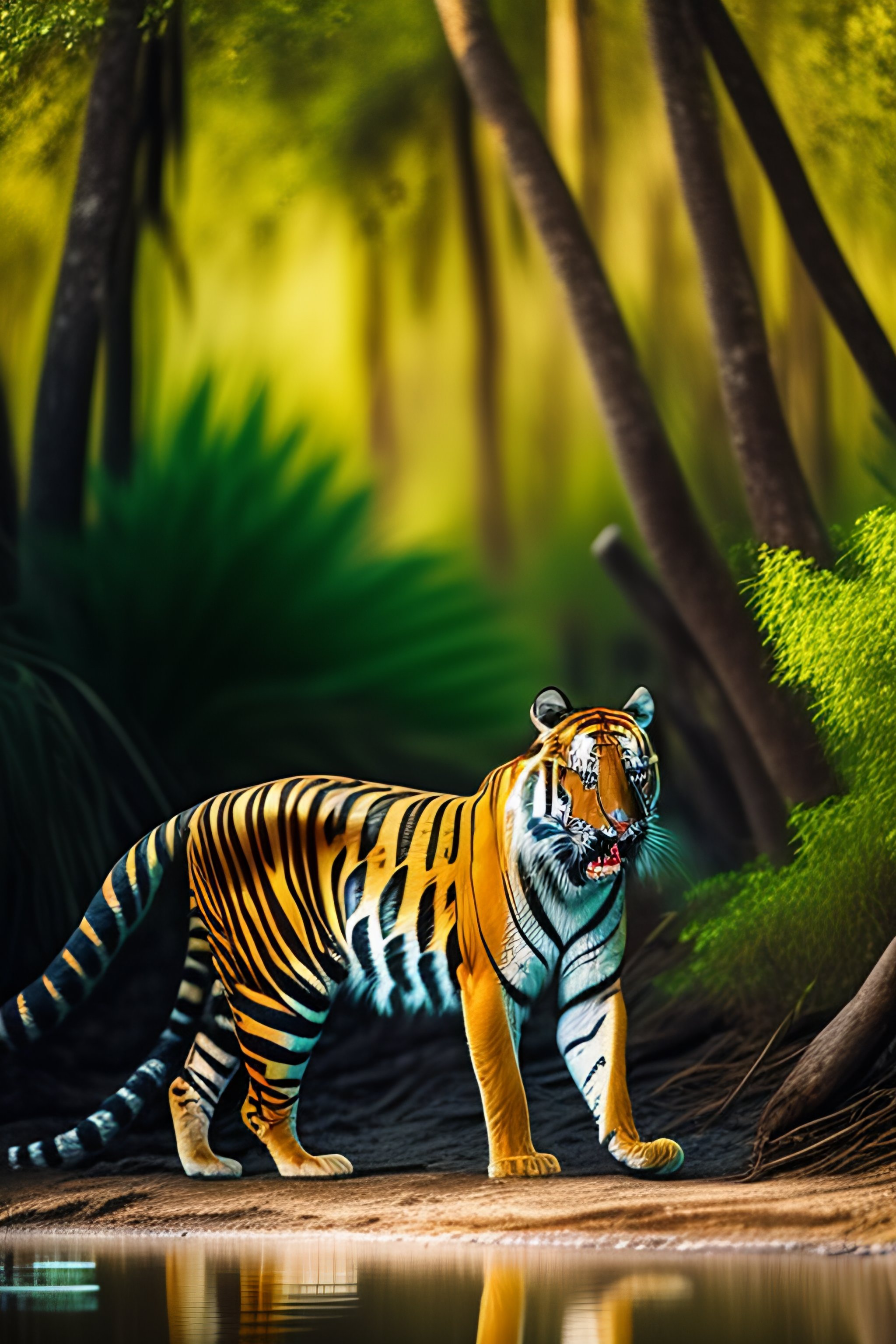 Lexica - A full body of an angry tiger waking in the mangrove forest ...