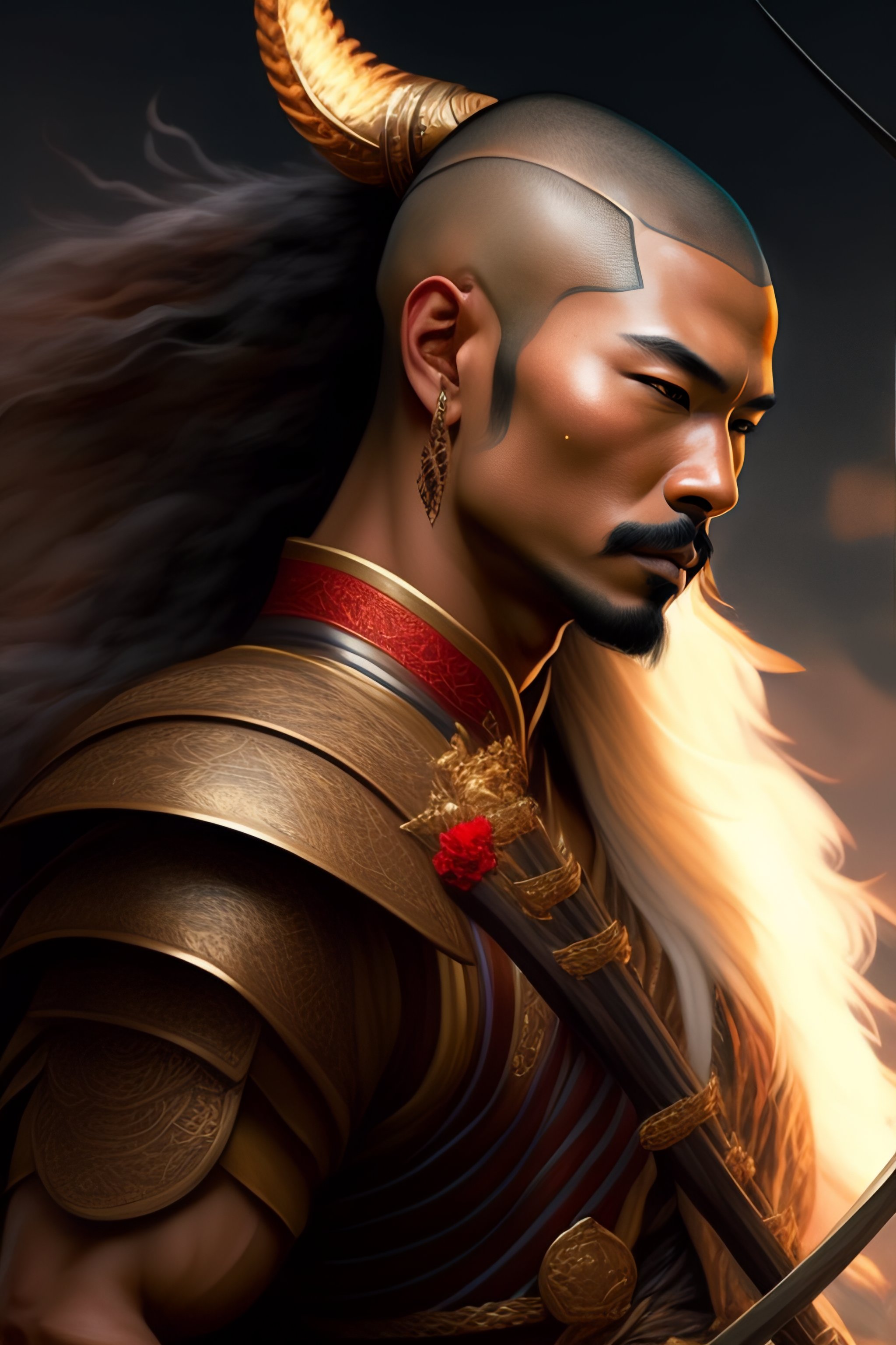 Lexica - A beautiful samurai shaved head male archer taming a dragon ...