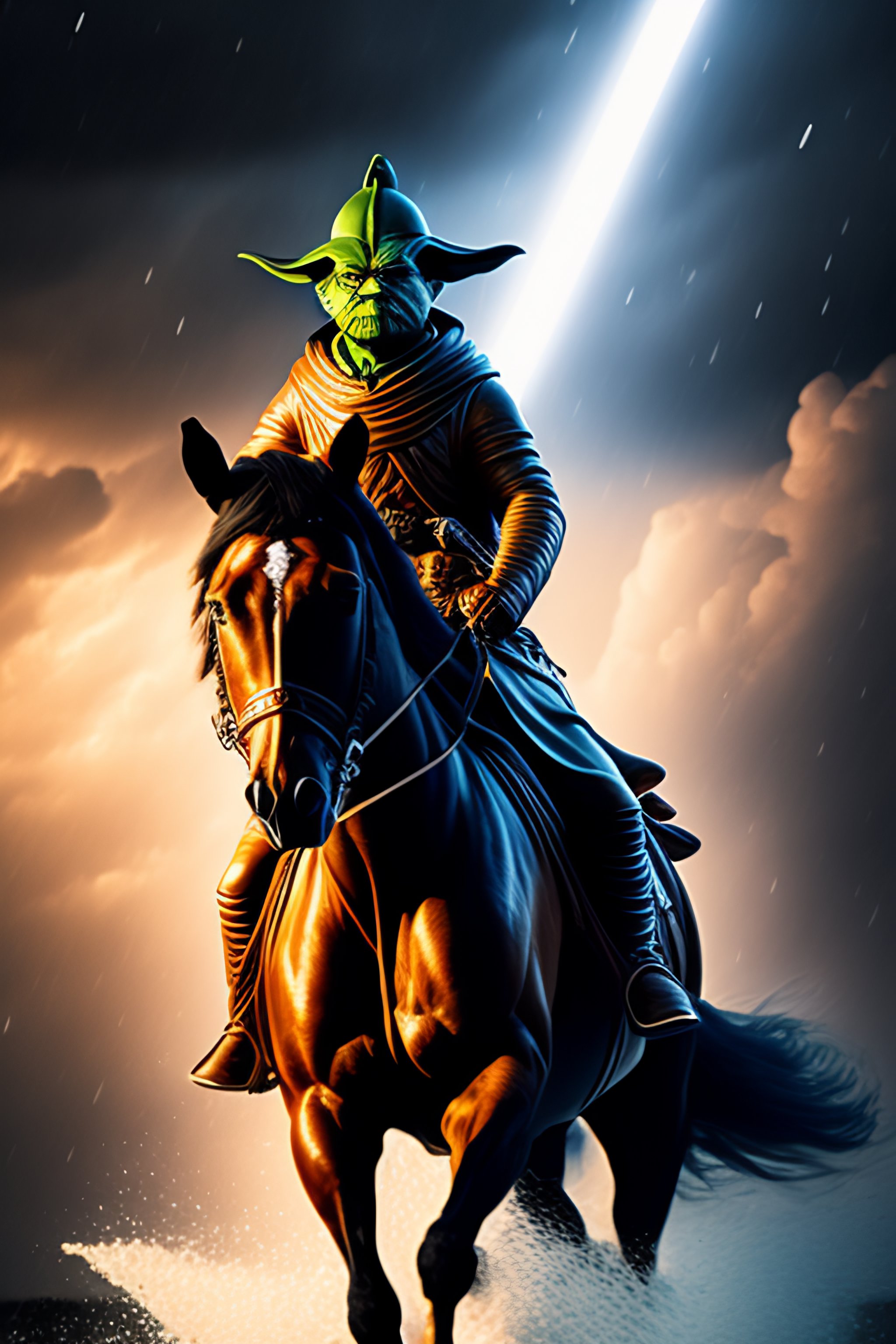 Lexica - Yoda on a horse holding a katana, in a storm, dramatic ...