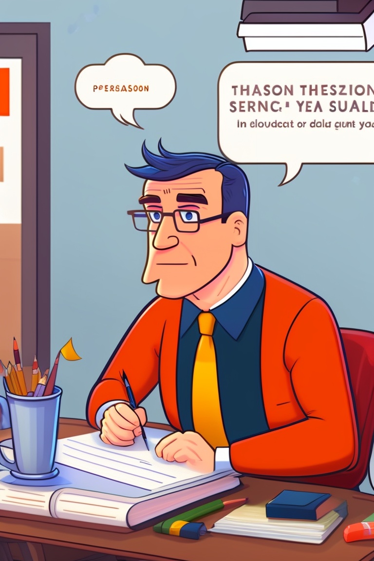 Lexica Pearson in doodly style sitting at a desk wich has a lot of