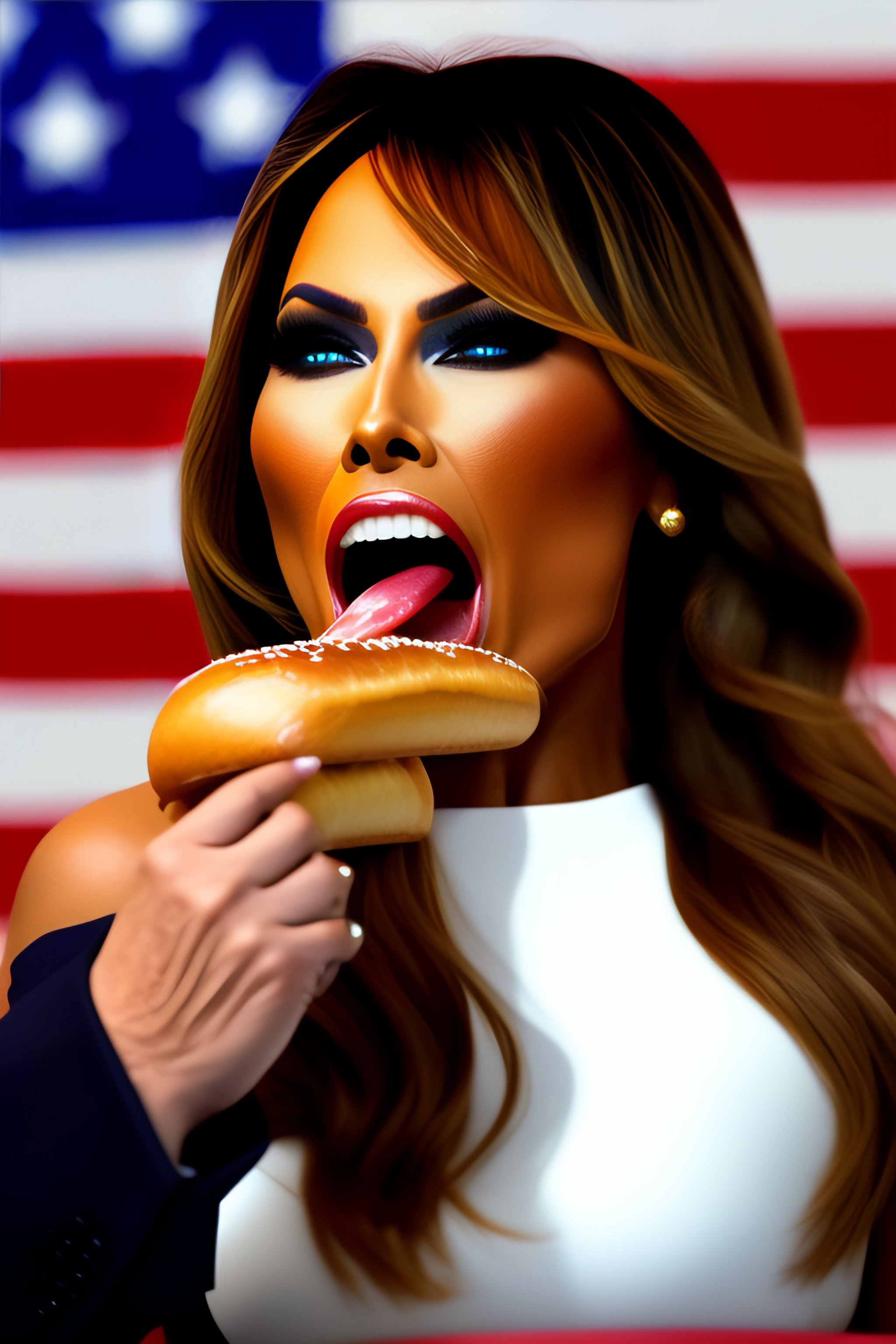 Lexica - Realistic bokeh Photograph of Donald Trump eating a hot dog,  Melania is mad,