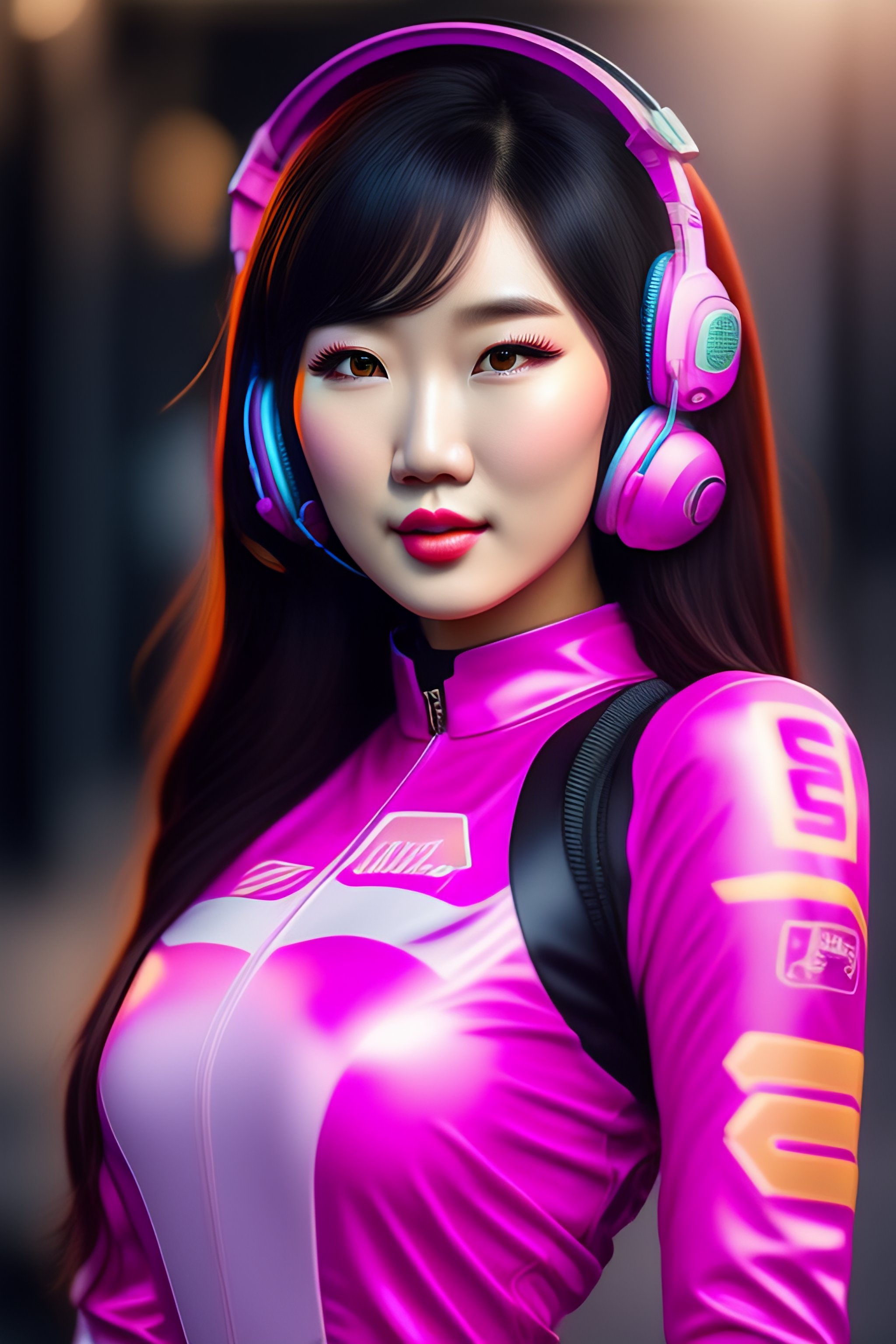 Lexica Portrait Of D Va From Overwatch 18 Year Old Korean Girl Headset And Pink Bodysuit