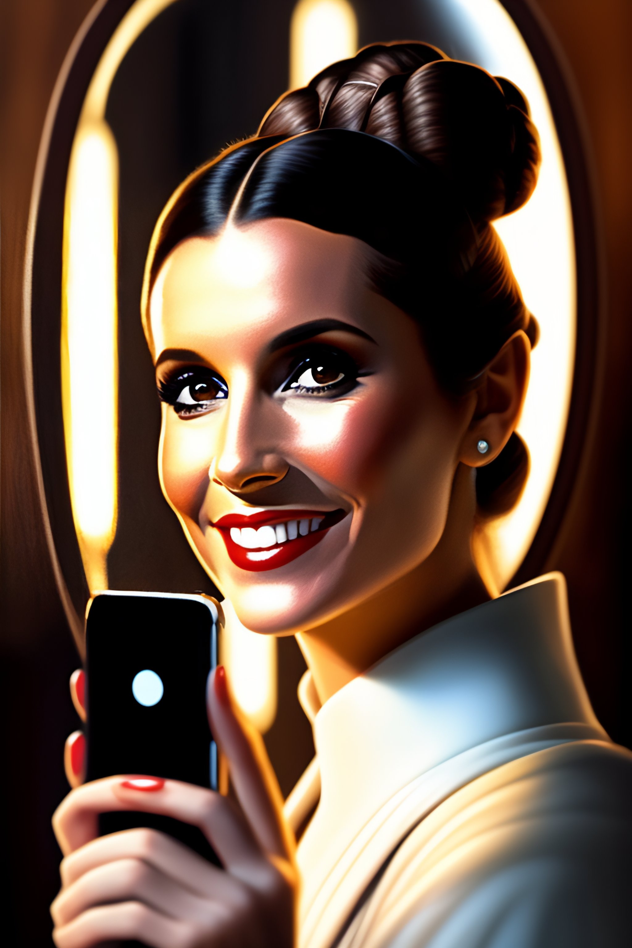 Lexica - Portrait of princess leia star wars taking a selfie smiling with  an iphone 14, looking directly at the cell phone screen and facing the  mirr...