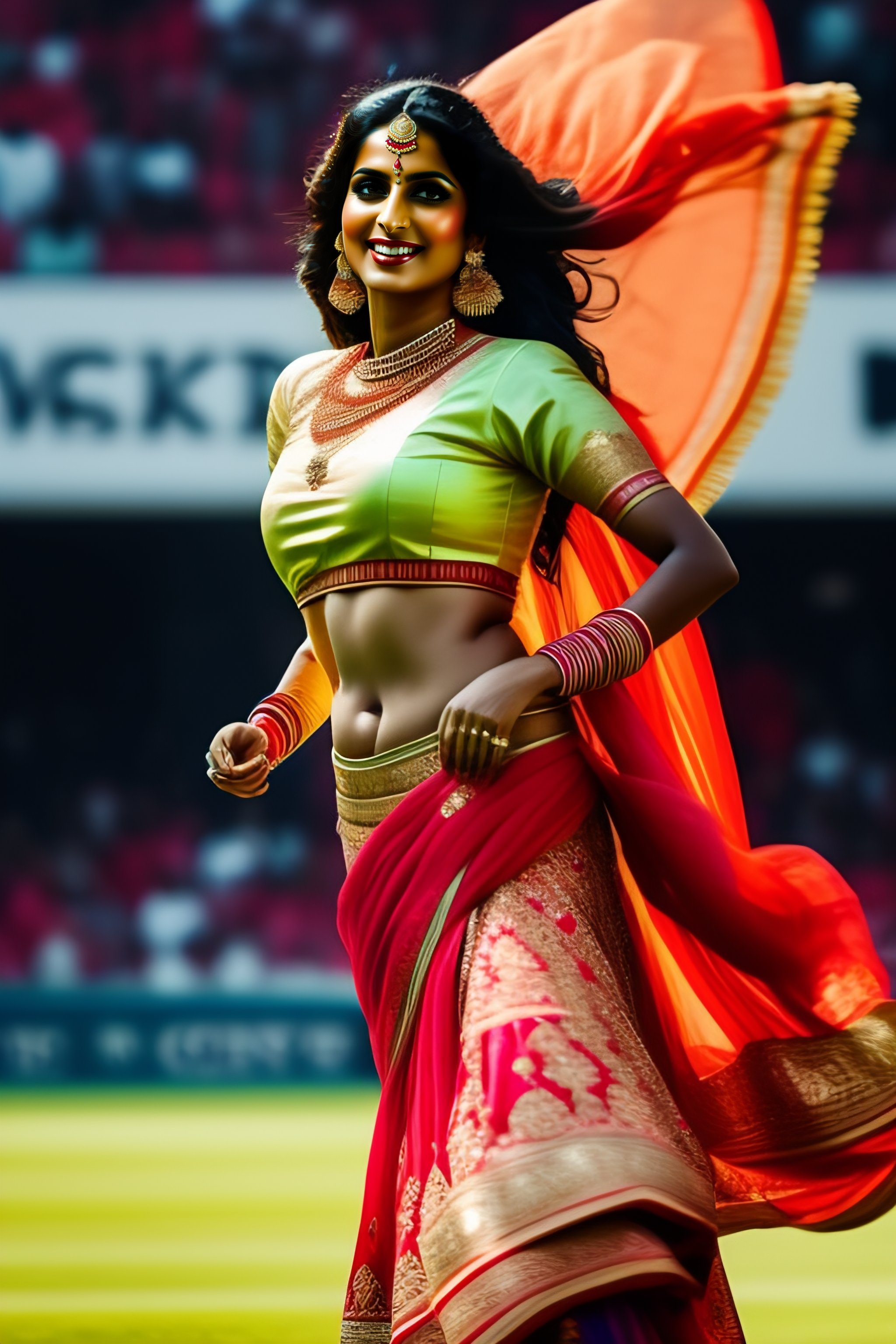 Lexica - A young girl wearing saree and playing football