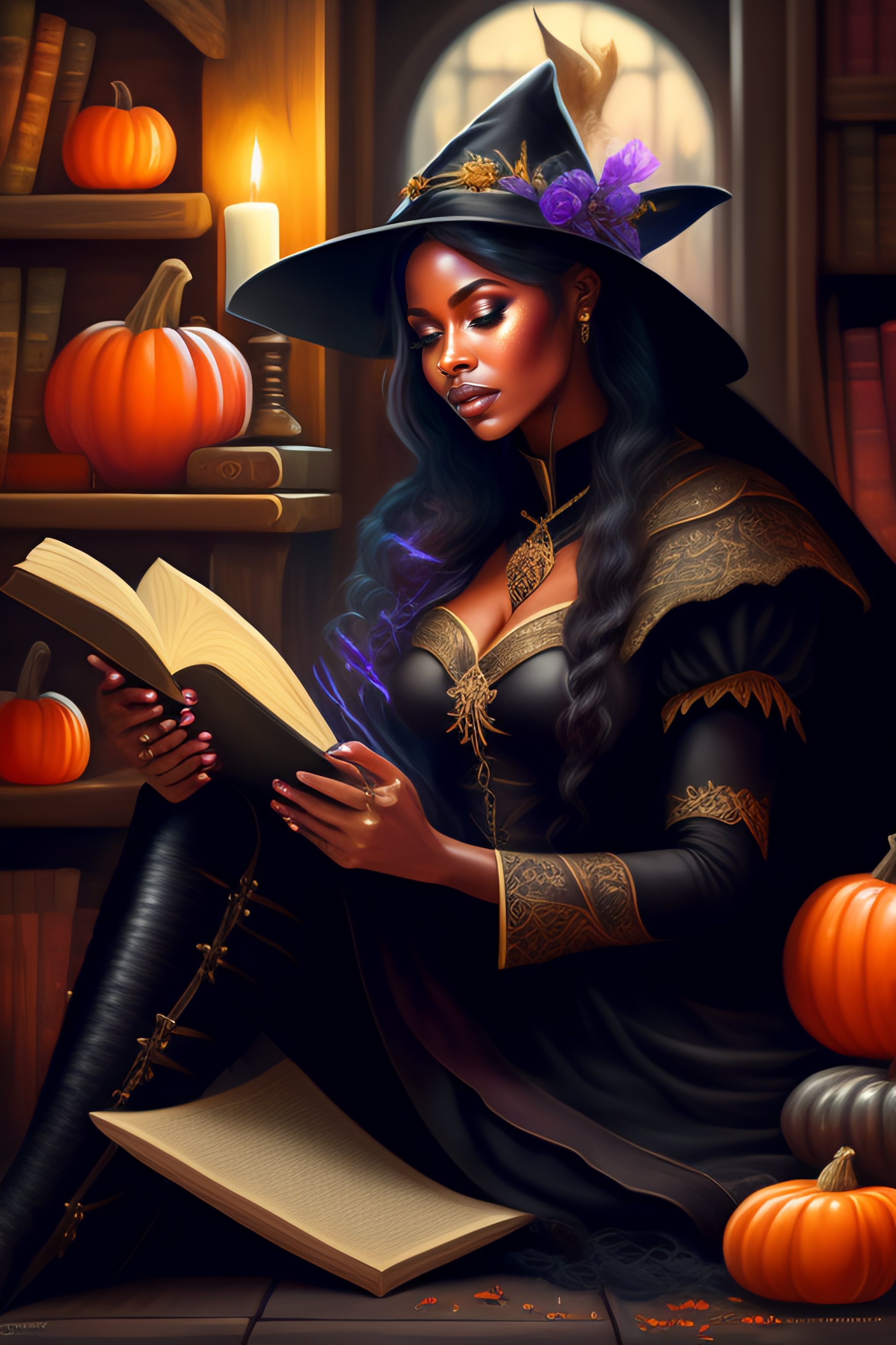 Lexica A Beautiful Witch Sitting On The Floor Reading A Book Fantasy Art Black Witch Hat 3041