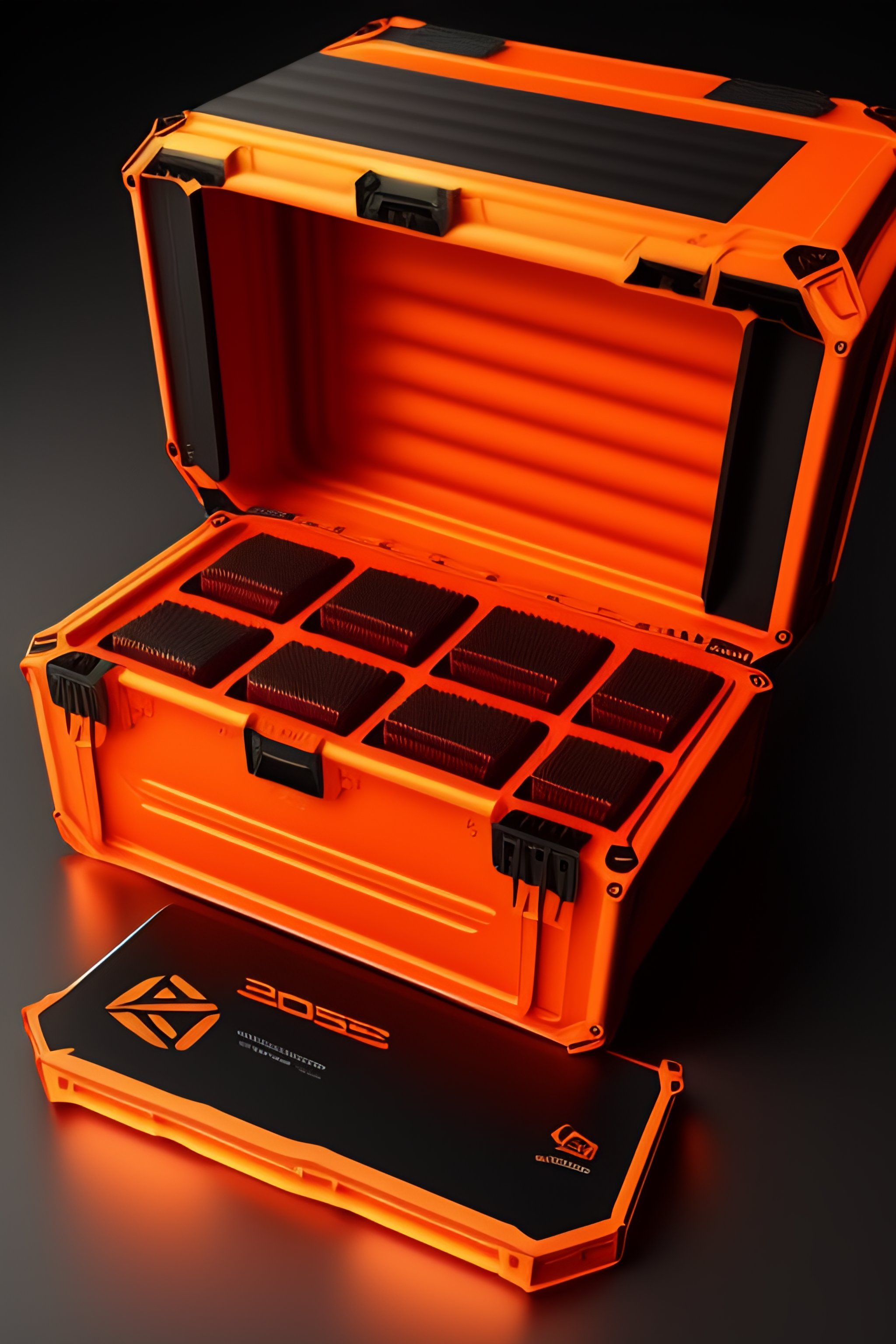 Lexica - CS-GO box case skin collection, hollographic orange details color, Knolling  layout, Highly detailed, Depth, Lumen render, 8k