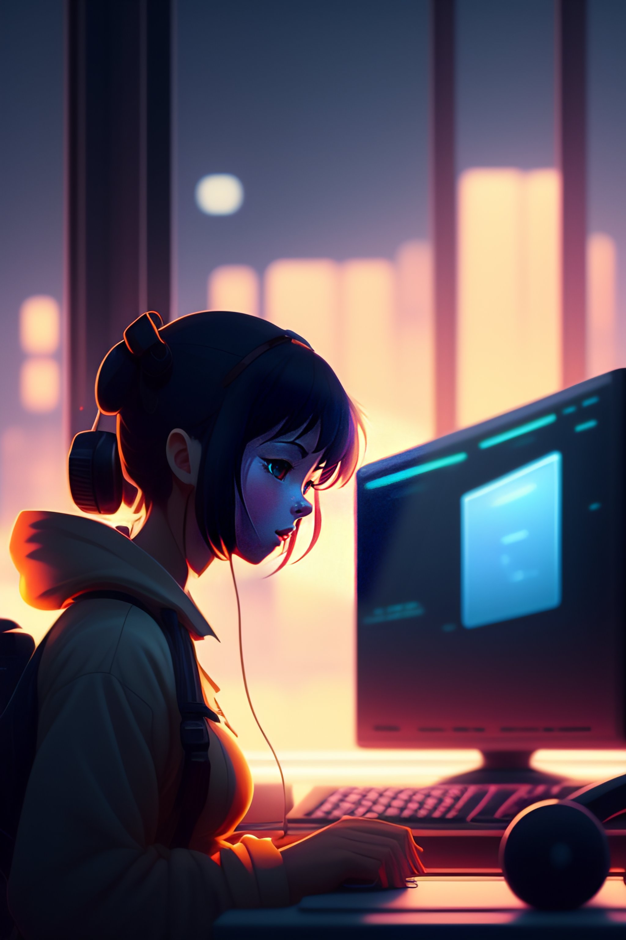 Lexica - create a high resolution artwork of anime girl is programming at a  computer in a room full of gadgets