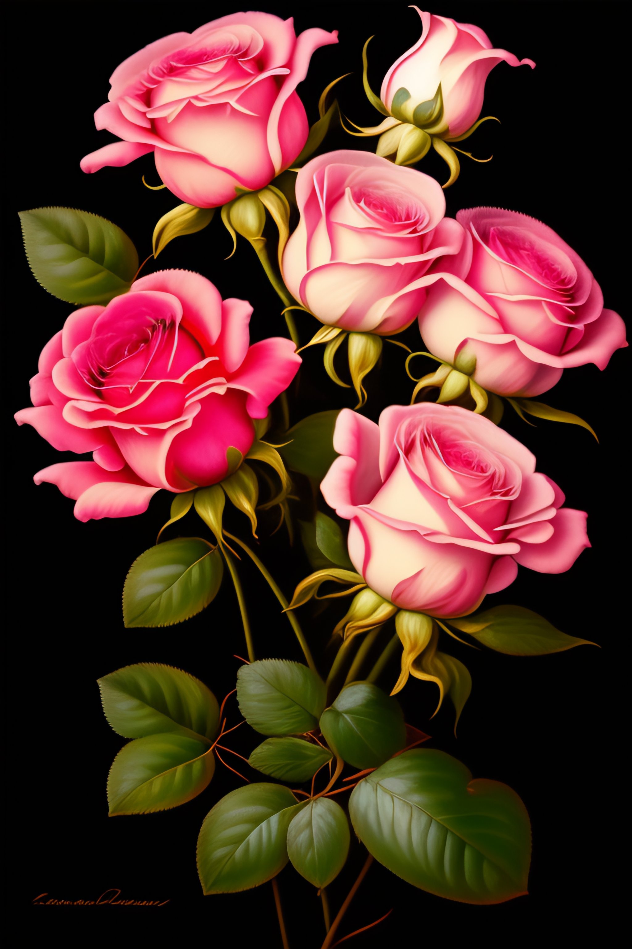 Lexica A bouquet of pink roses against a black background, classical