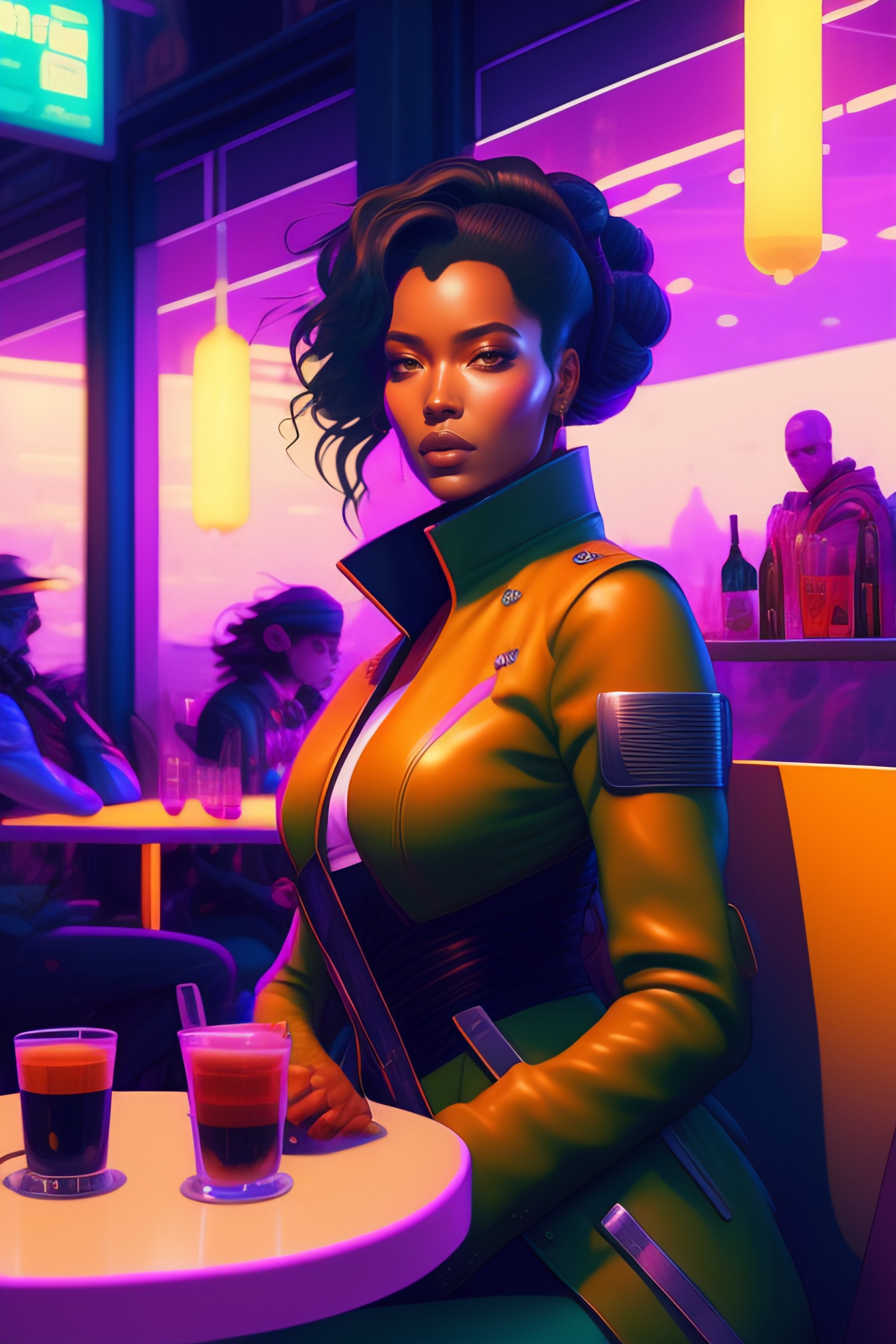 Lexica - Ablack woman sitting at a cafe looking happy, cyberpunk, by ...