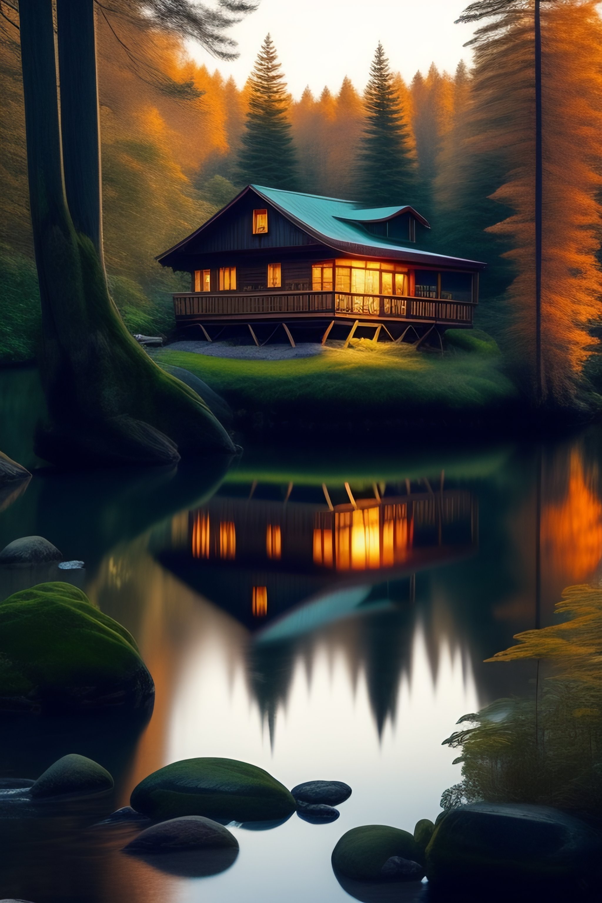 Lexica - A cozy riverside cabin nestled among tall trees, with a woman ...