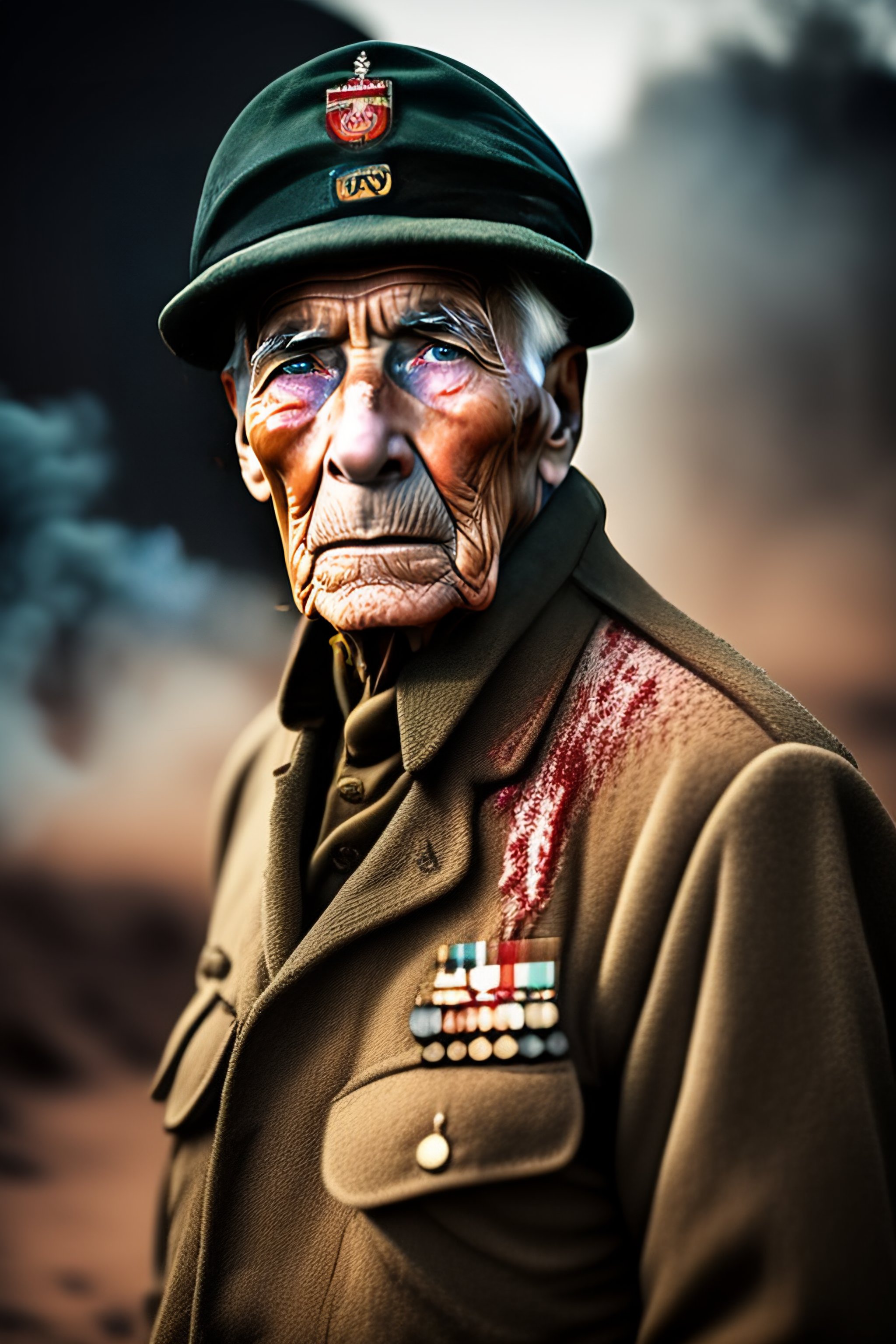 Lexica - Elderly soldier from World War 2 stands shell-shocked and stressed  in the smoke-filled valley, the horrors of war etched into his worn and m