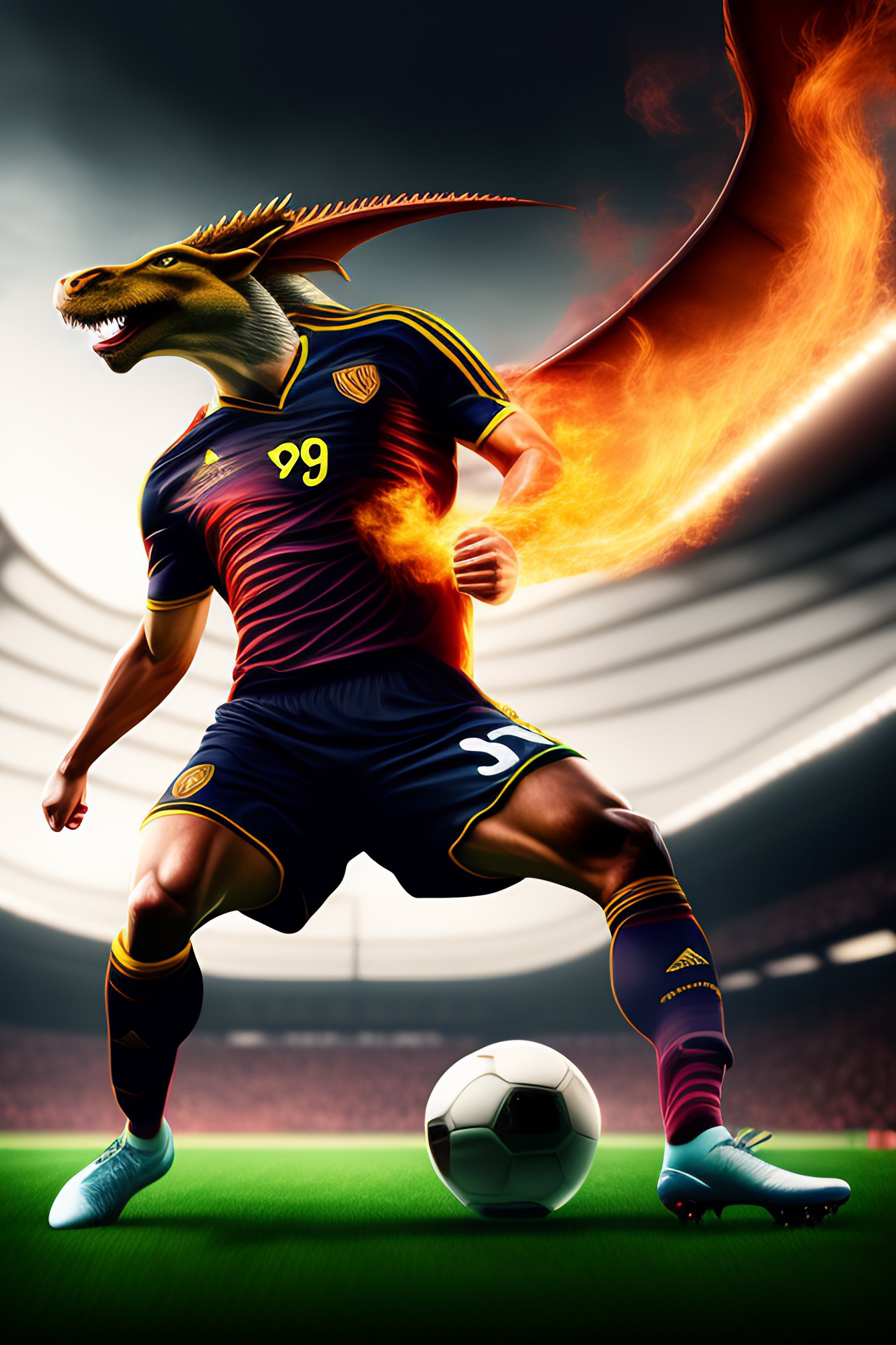 Lexica - Portrait of a soccer player fighting a dragon