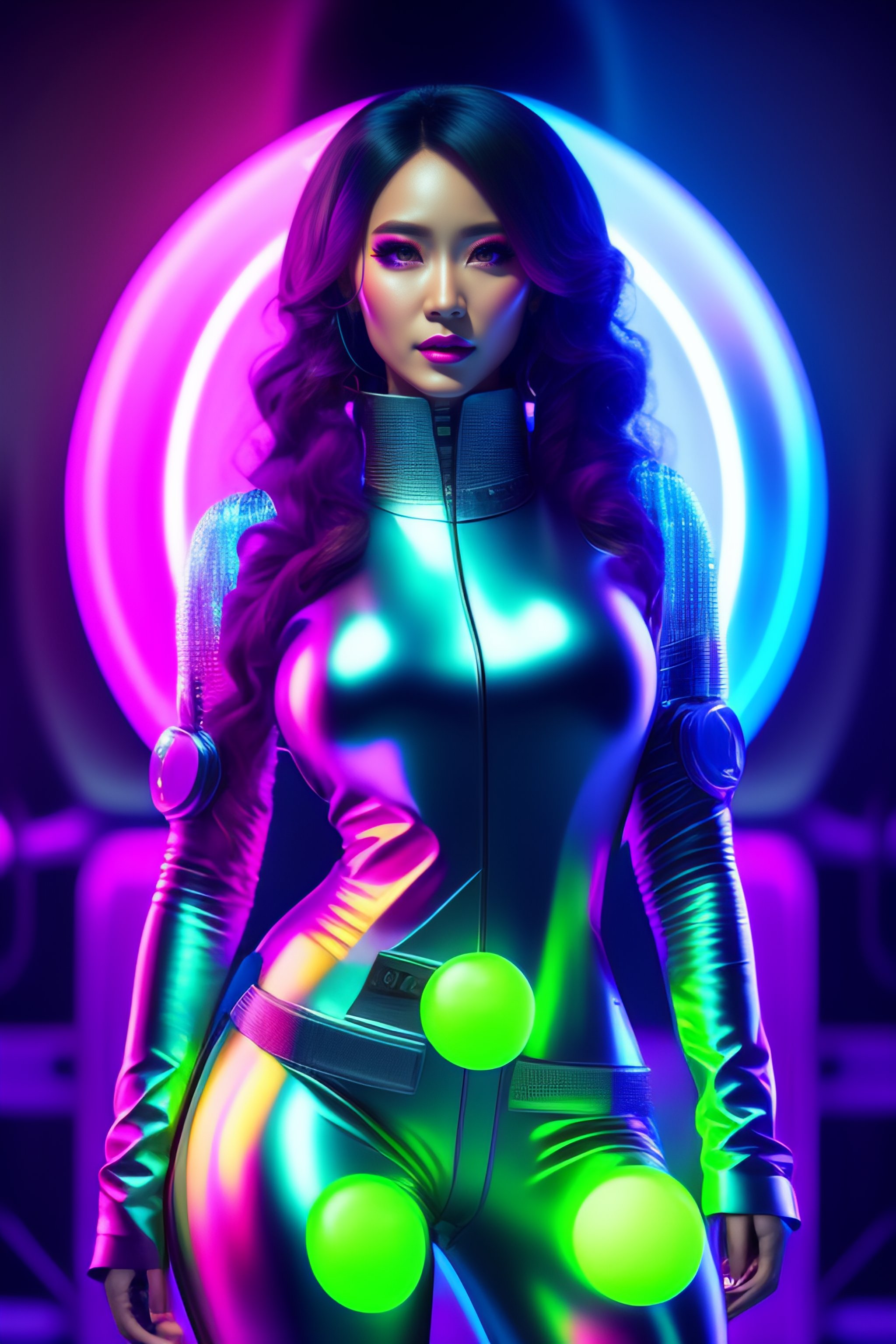 Lexica - A promotional photography of a synthetic female vocaloid singer  with magic orbs in her eyes, sexy neon futuristic tight clothing,  futuristic...