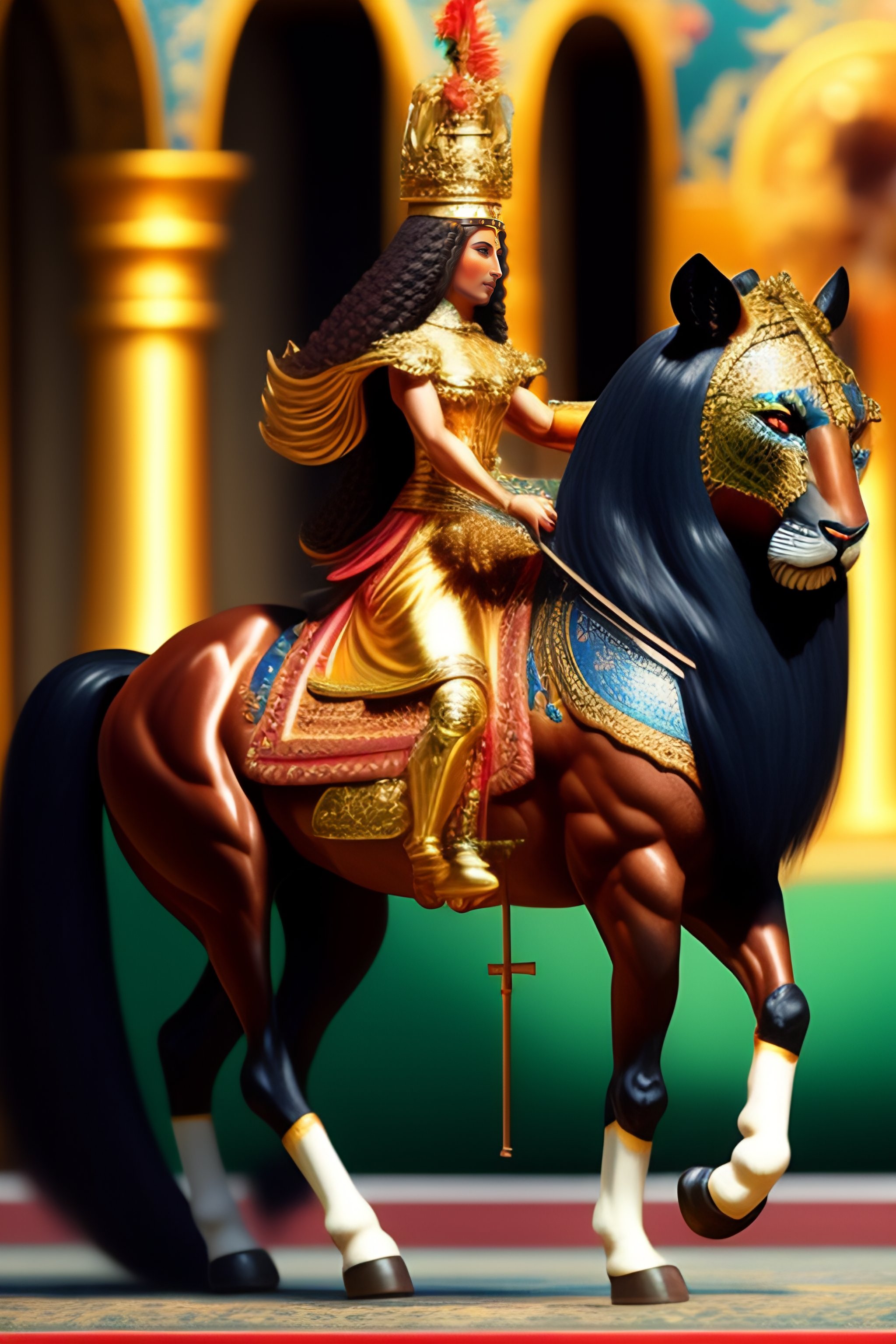 Lexica - Persian queen with bow riding a horse, crown of Koh I Noor ...