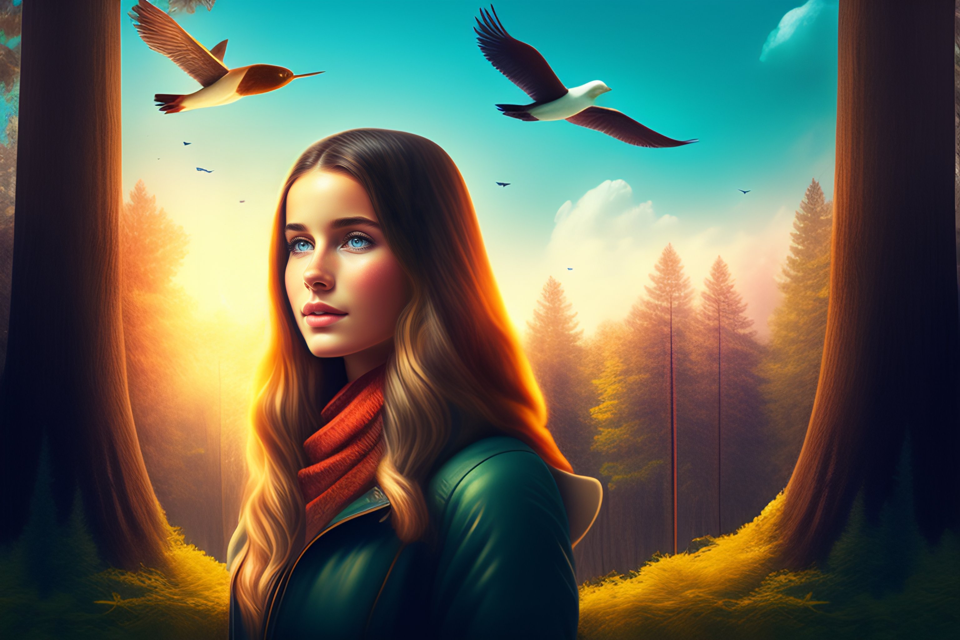 Lexica - Lovely girl in the woods looking into the sky birds