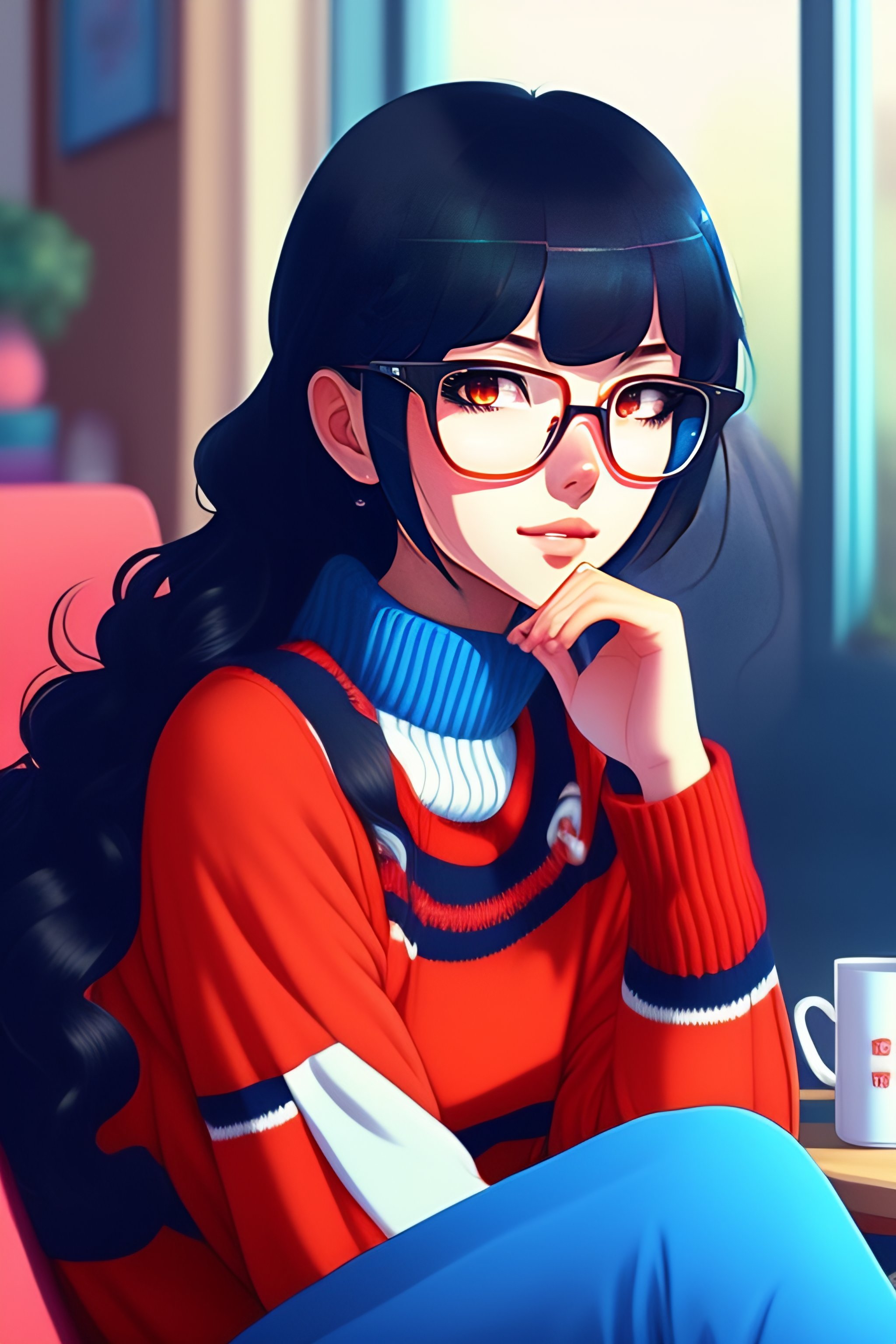 Lexica - Cute girl in blue sweater black hair ,semi rimless red glasses,  sitting inside home , anime style, ghibli