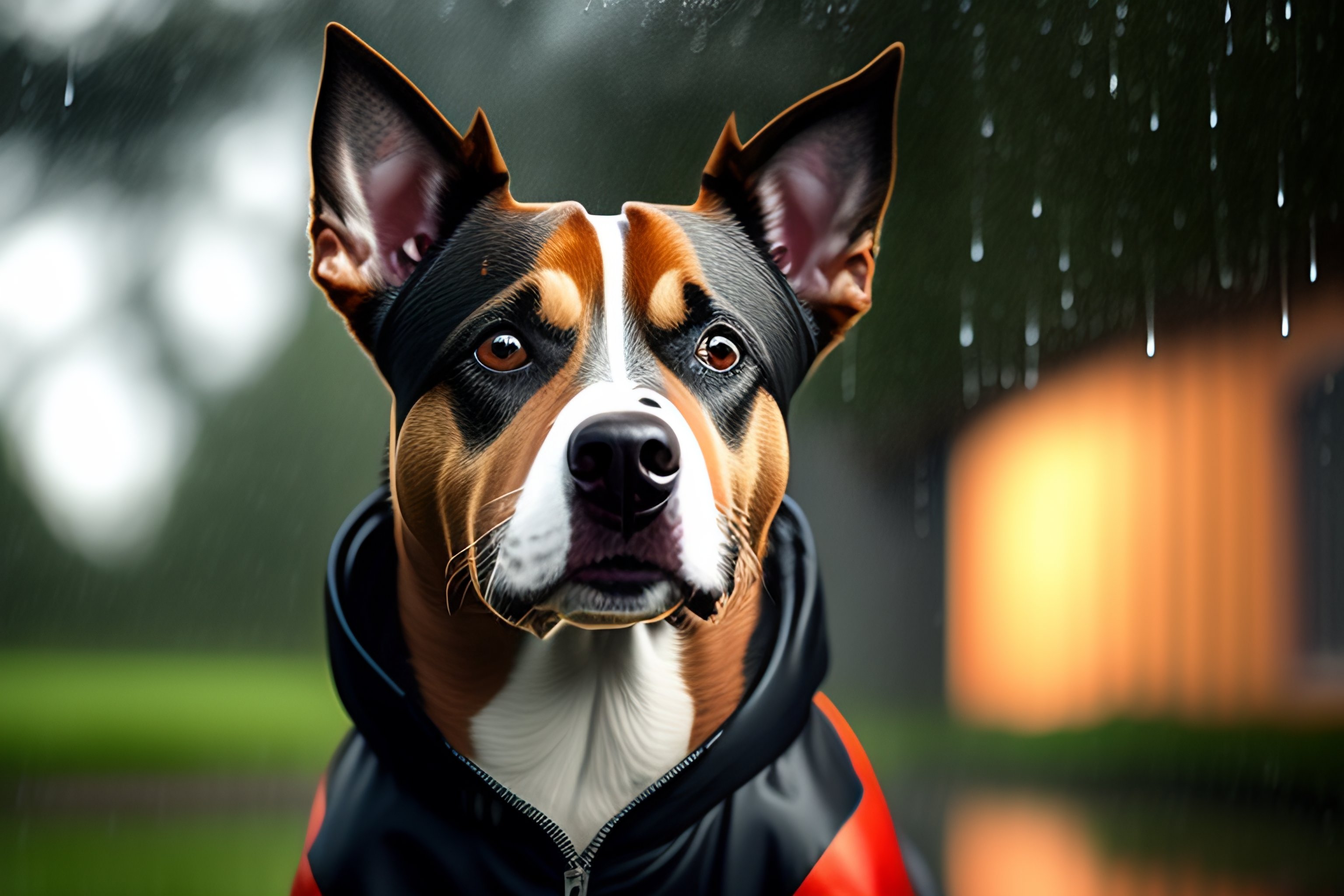 Lexica Show a photo of a stafford terrier dog outside in the rain