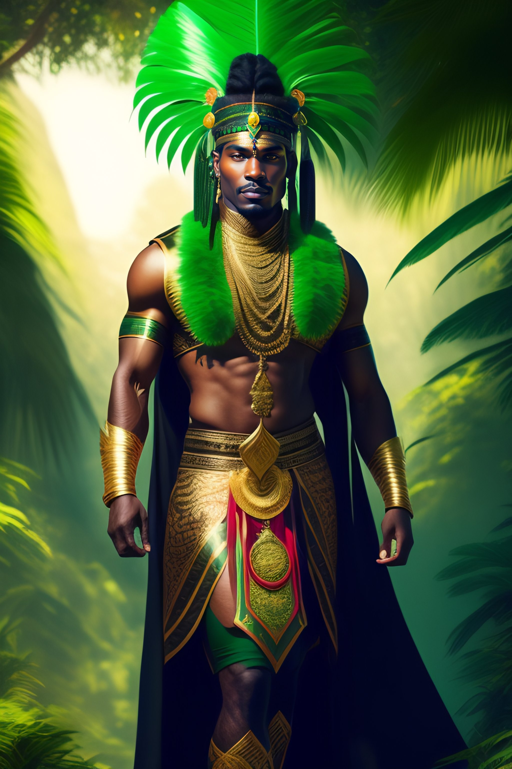 GOLD GREEN INDIAN HEAD DRESS Lexica - Beautiful indigenous black man with green indian  main image 2