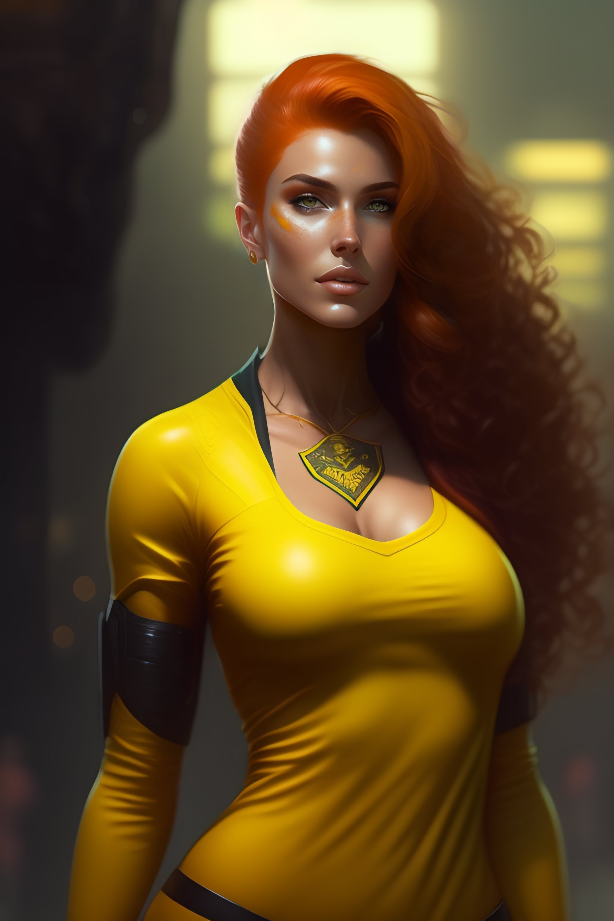 Lexica - Beautiful super hero woman with auburn hair, wearing yellow ...