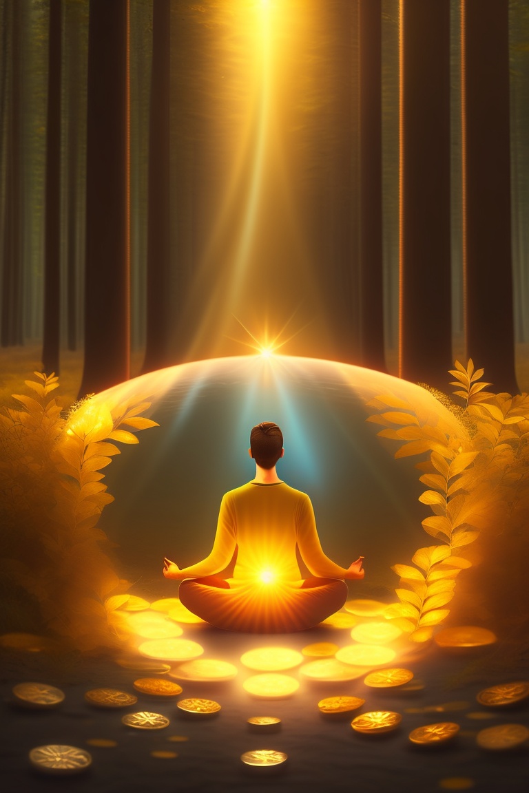 Lexica - A person meditating and radiating golden light, sitting in a ...
