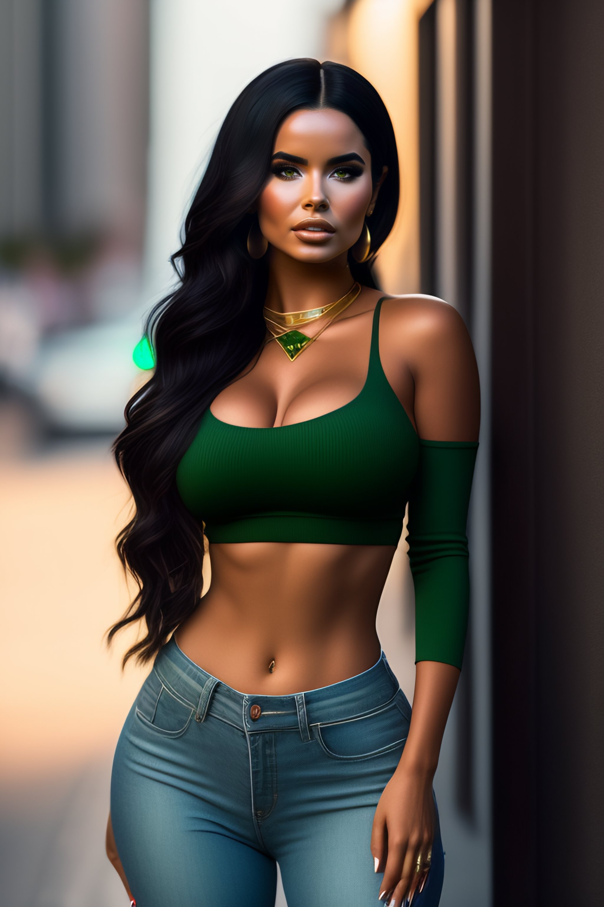 Lexica - Full body length studio photos of a European girl next door with  black hair and green eyes, looks like Demi Rose, wearing t-shirt and  jeans