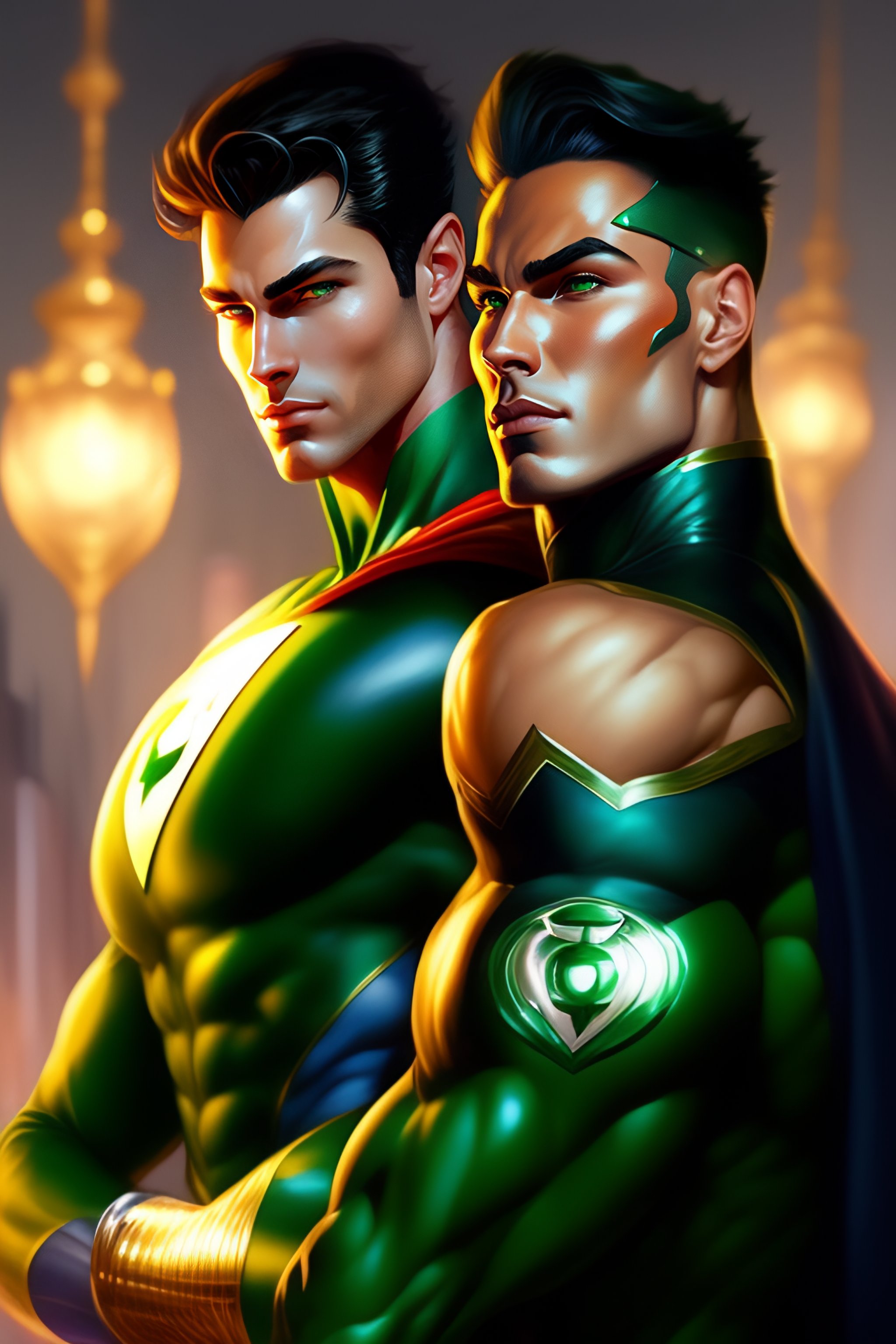 Lexica - Two thin muscular superheroes green lantern and superman gay  romance ,laying in bed, kiss ,sharp details, sharp focus, elegant, highly  deta...