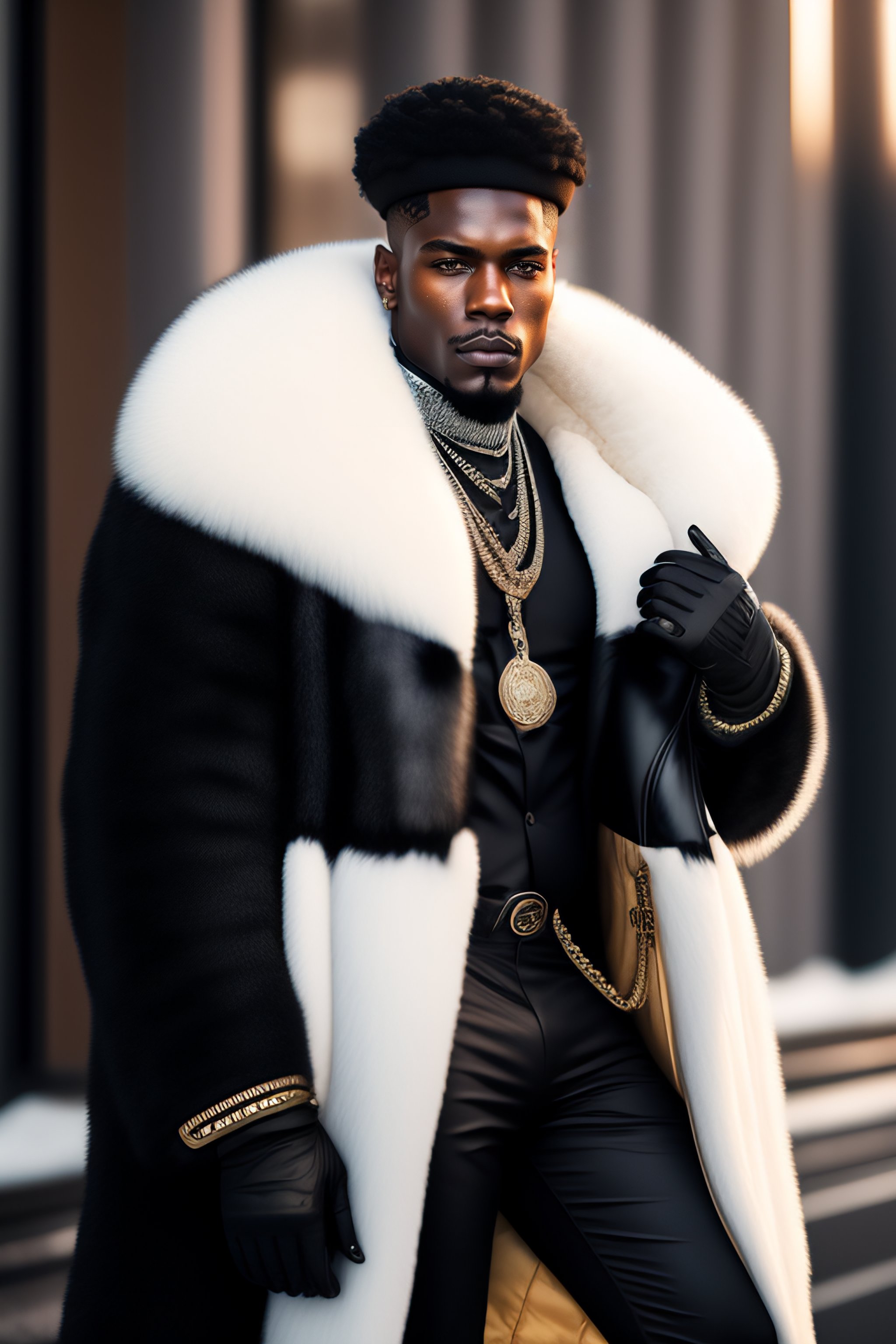 Lexica - A real person in high quality photography picture looking like a  black pimp with black leather clothes and a white fur coat and a big  machin