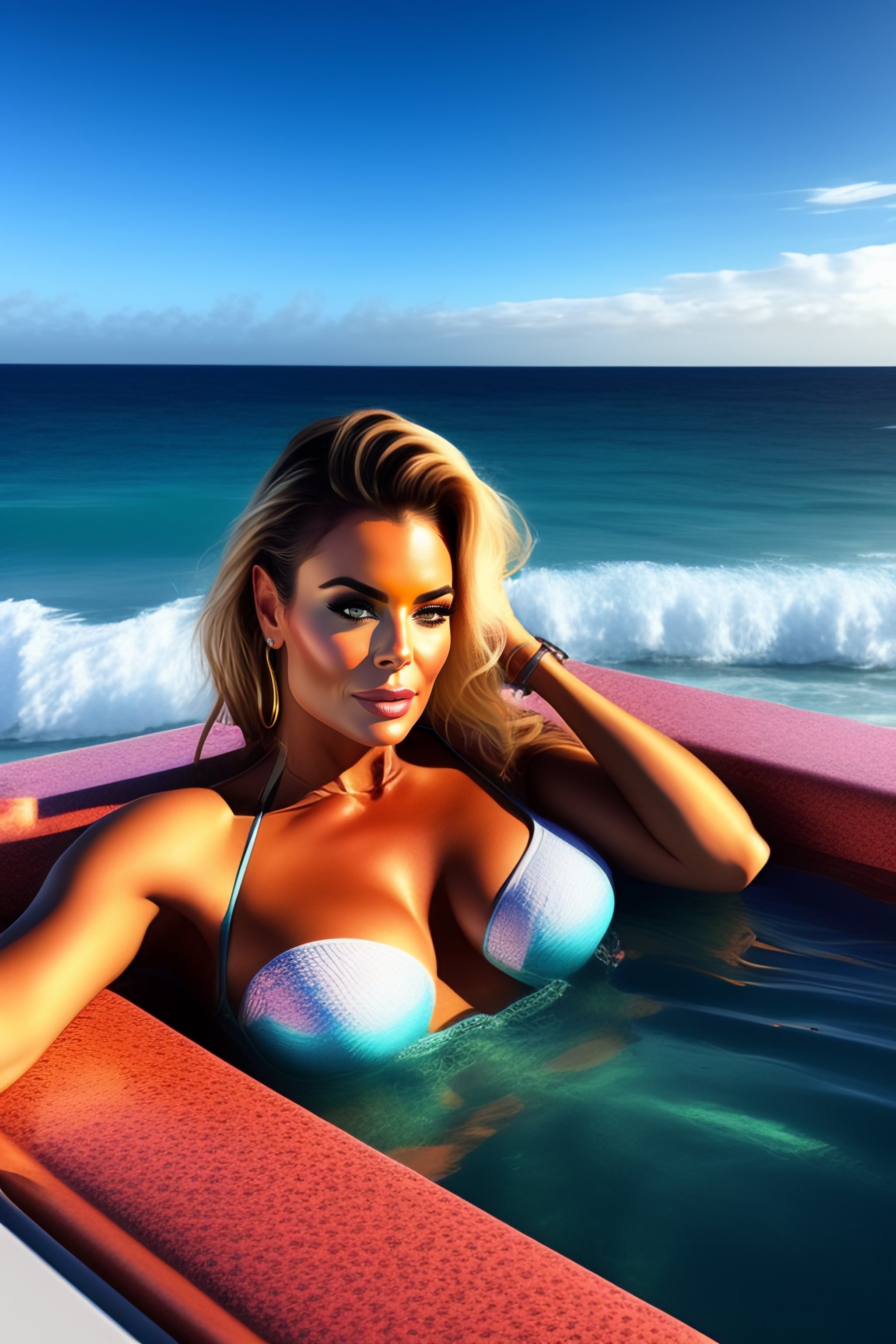 Lexica - Carmen Electra In a hot tub, bikini, sunset, palm trees, ocean in  background