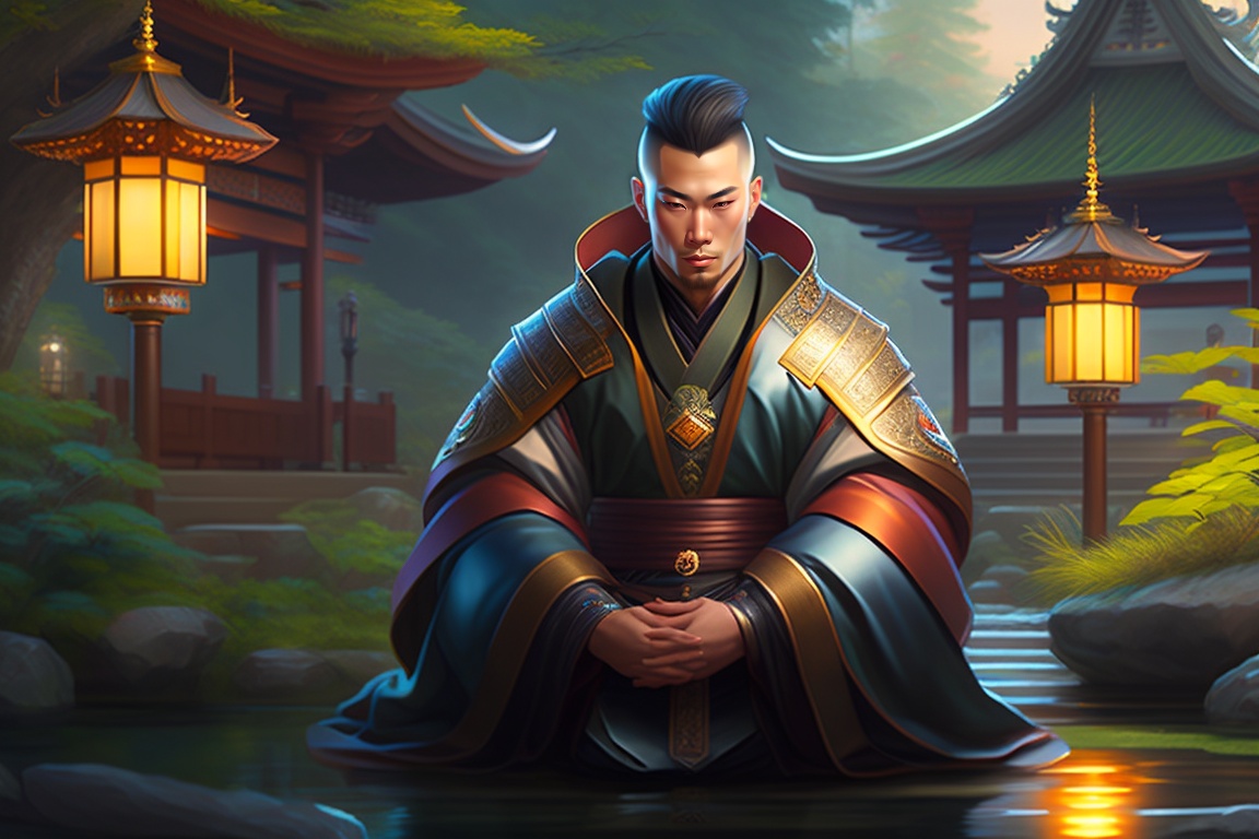 Lexica - A painting of one male cyberpunk shinto priest, sitting