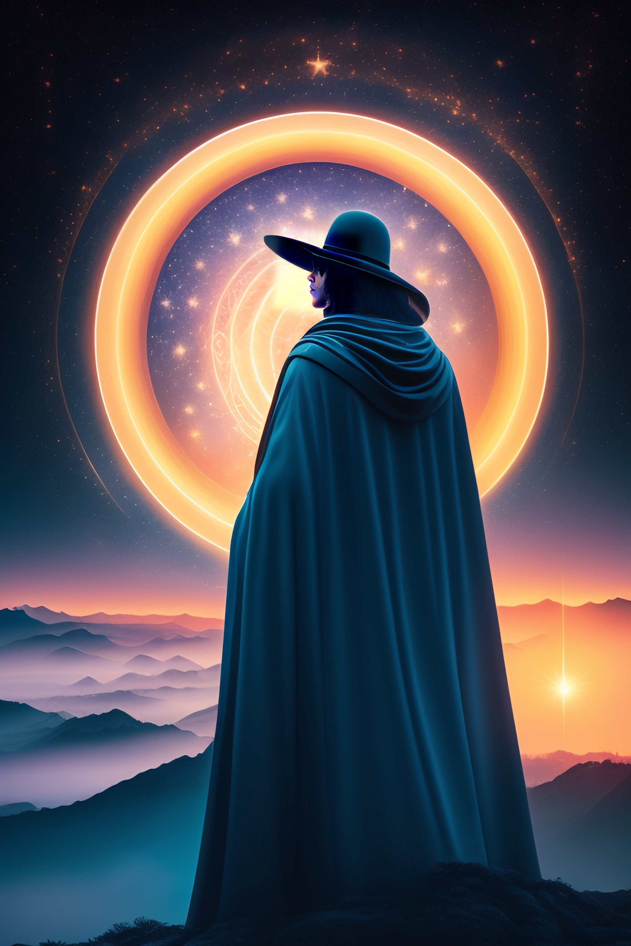 Lexica - Outline of a wizard on a background of stars and the rising sun.