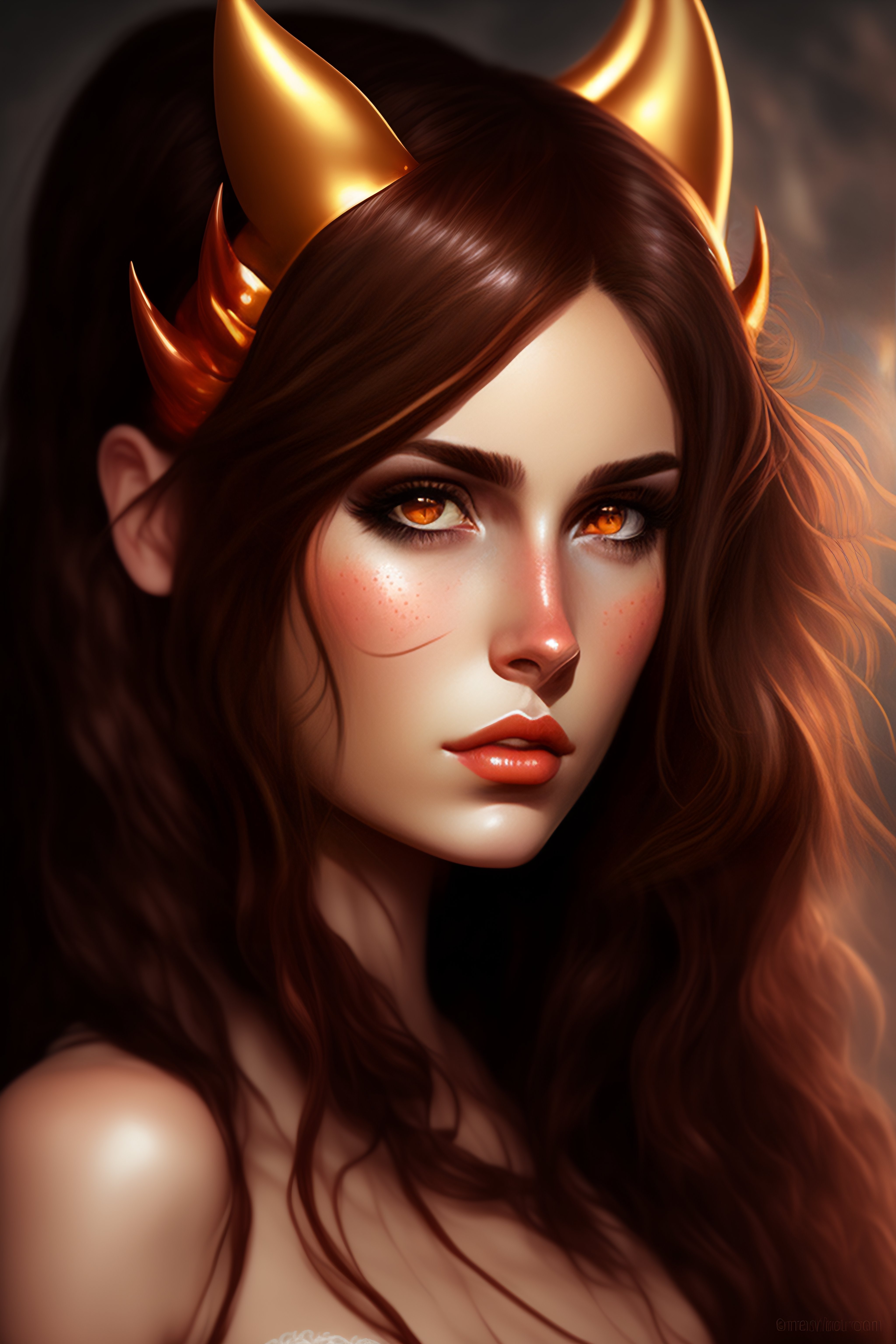 Lexica - Devil girl, devil horns, brown hair, tired face, frowning ...