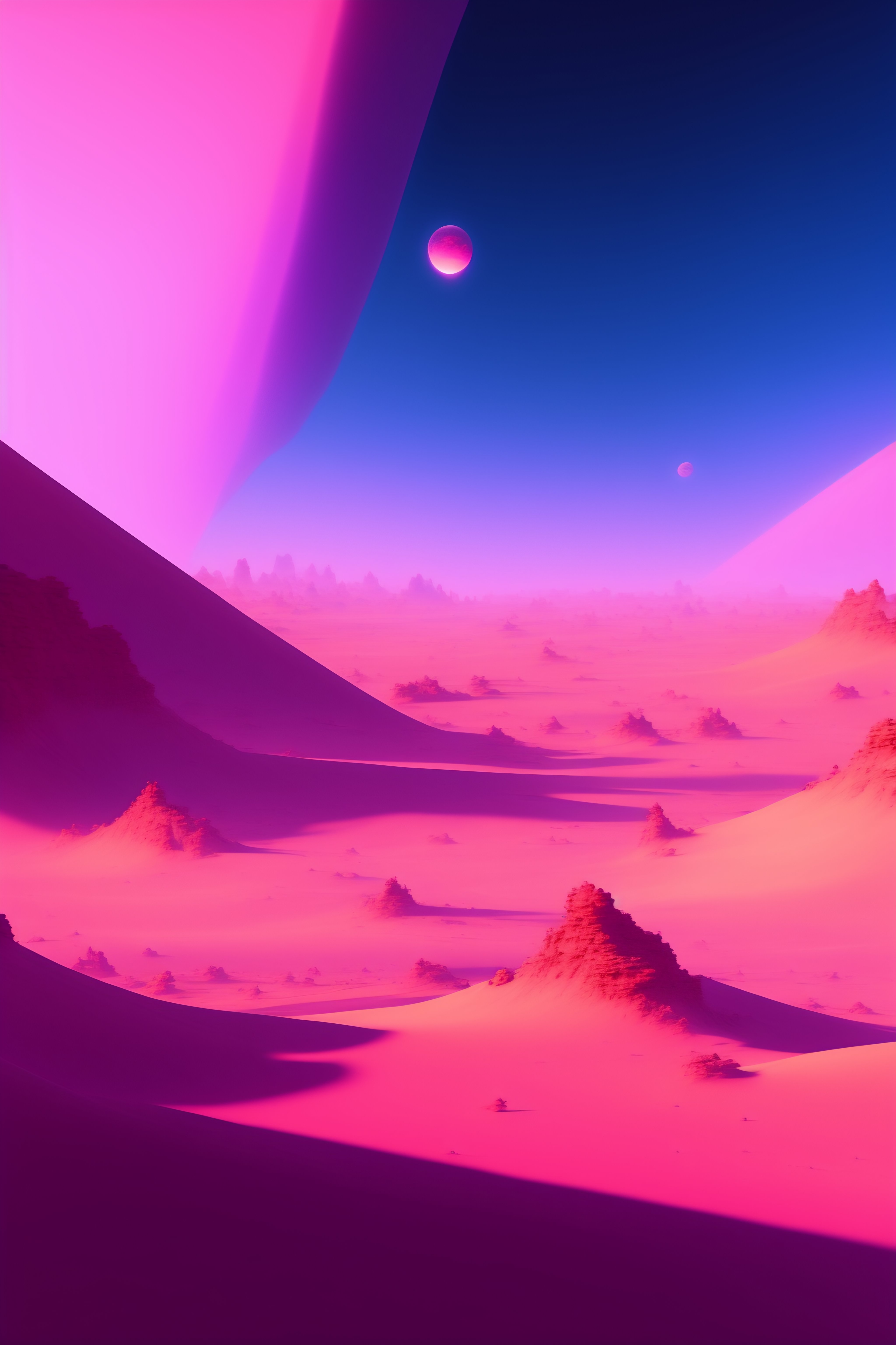 Lexica - A painting of a pink desert scene , blue sky, sunrise, concept ...