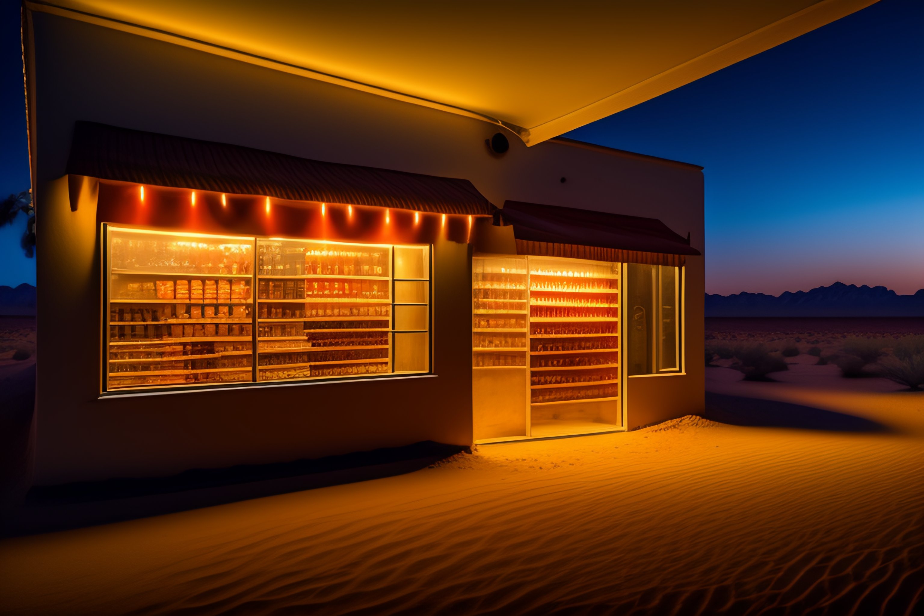 Lexica - A store in the middle of the desert, interior lighting, night ...