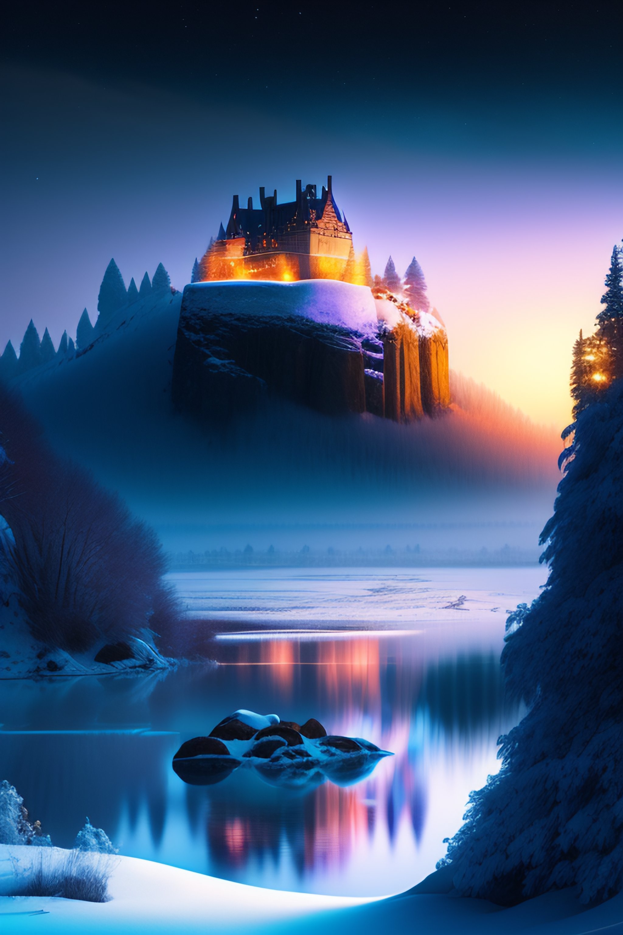 Lexica - Castle on a mountain at winter night