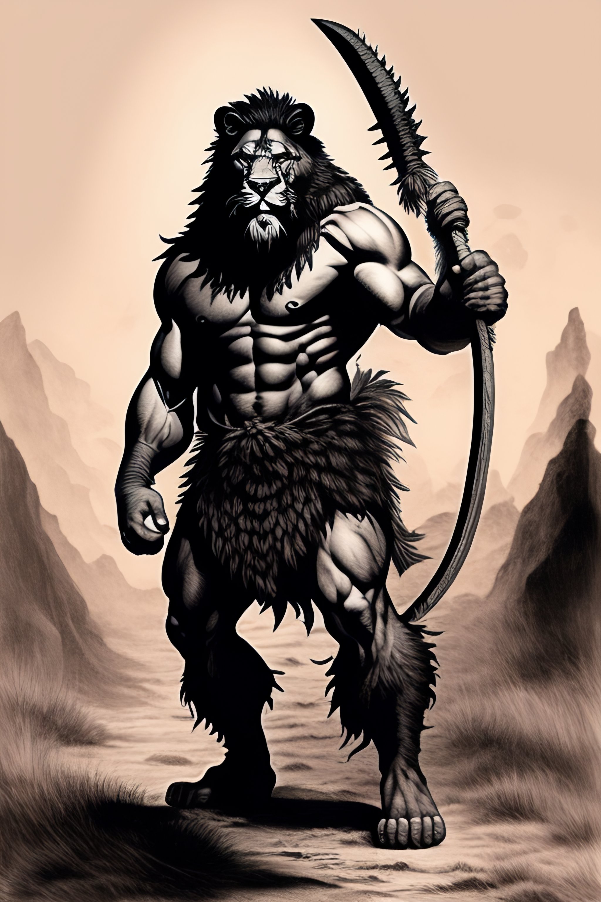 Lexica - A ink drawing full body of an anthromorphic lionman. holding a ...