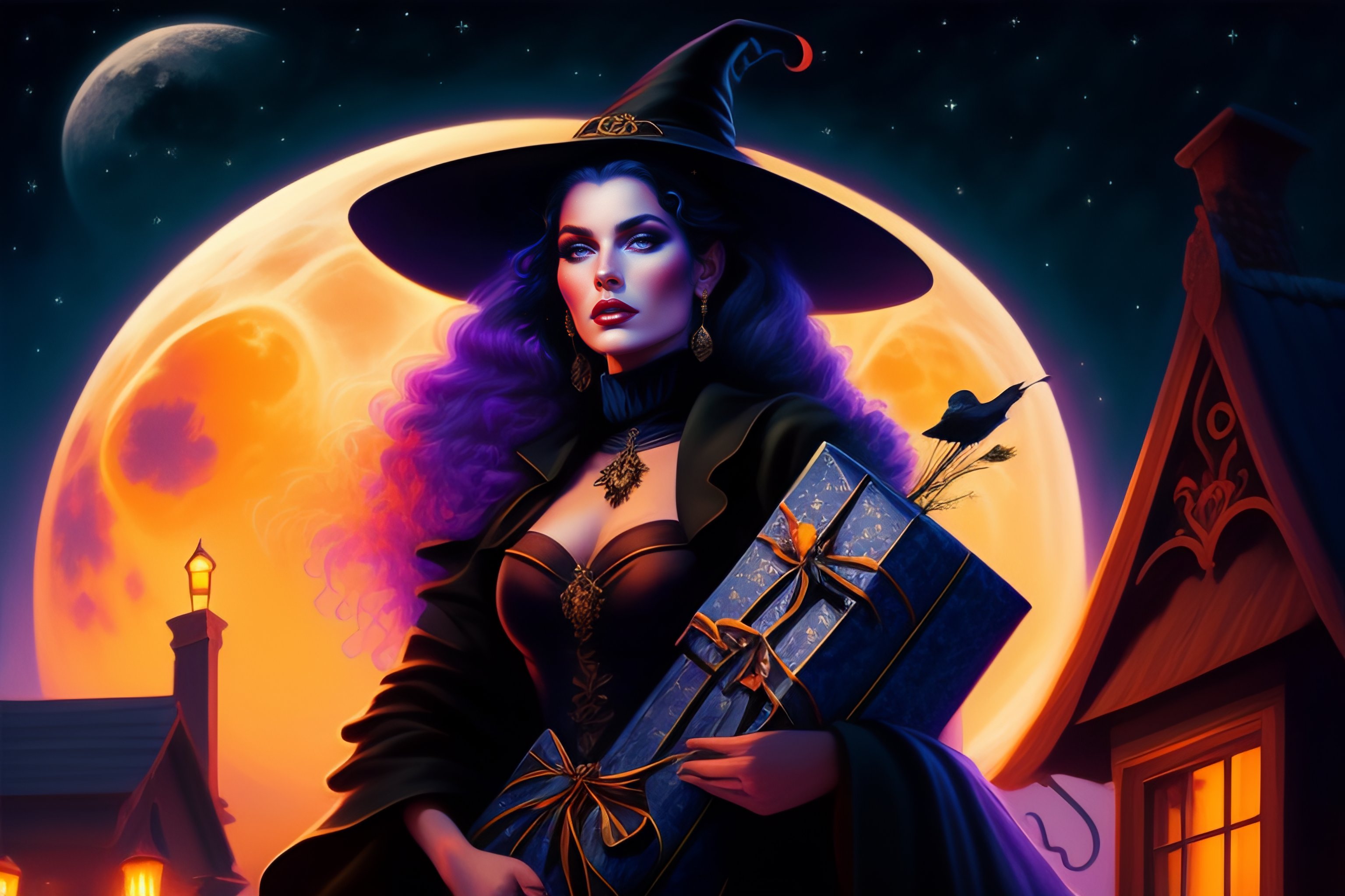 Lexica - Goth witch sitting on a roof and holding a bag full of ...